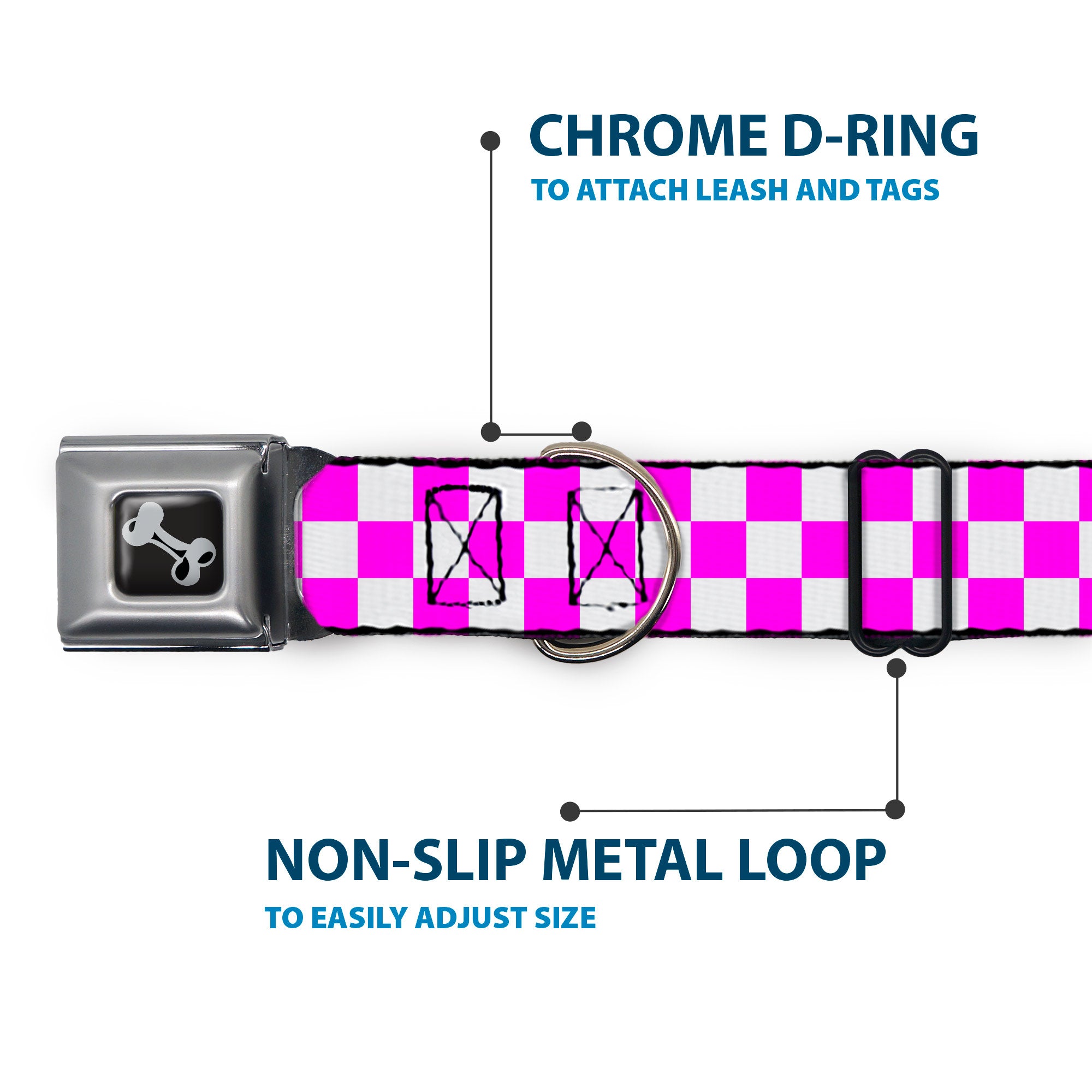 Dog Bone Black/Silver Seatbelt Buckle Collar - Checker Fuchsia Pink/White Seatbelt Buckle Collars Buckle-Down