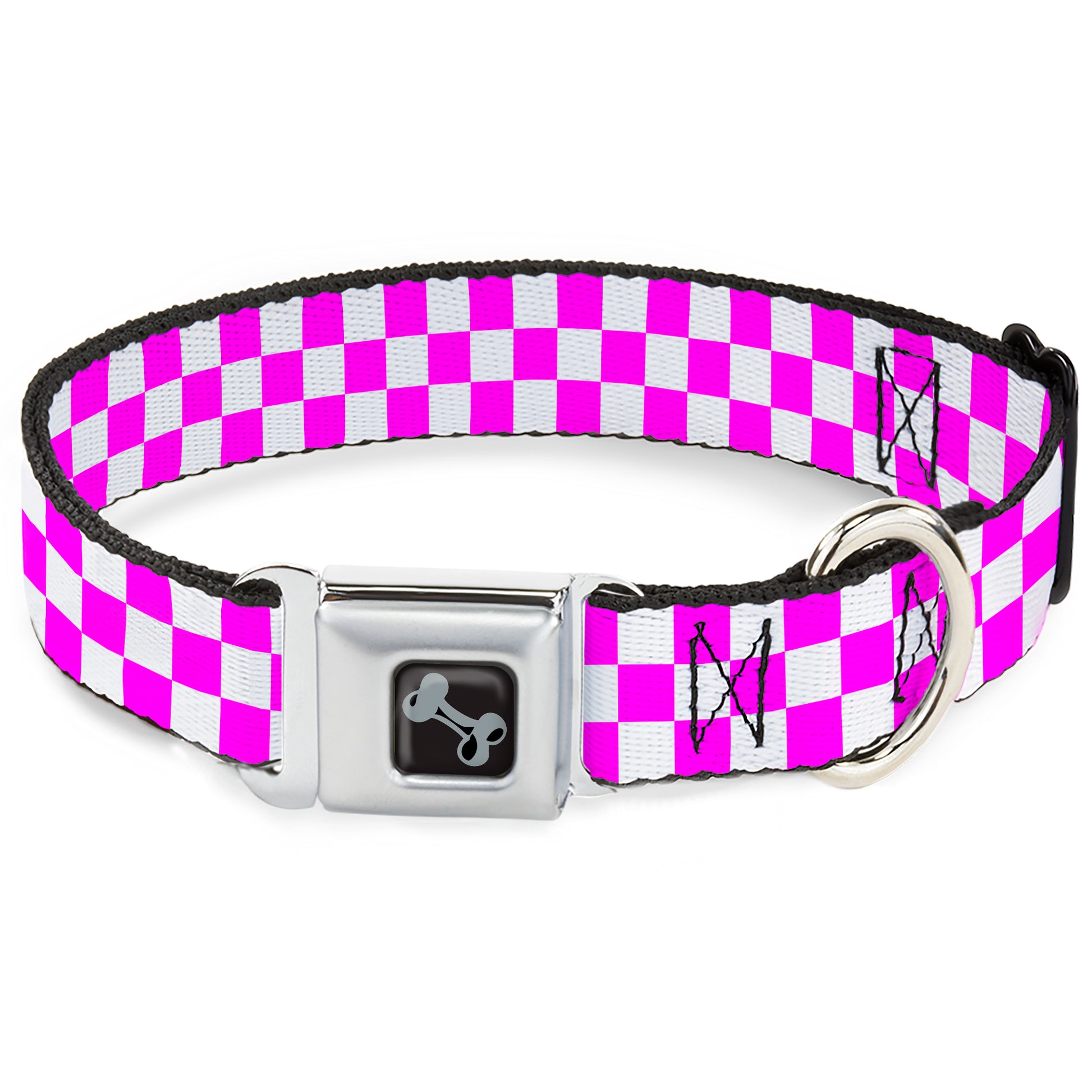 Dog Bone Black/Silver Seatbelt Buckle Collar - Checker Fuchsia Pink/White Seatbelt Buckle Collars Buckle-Down