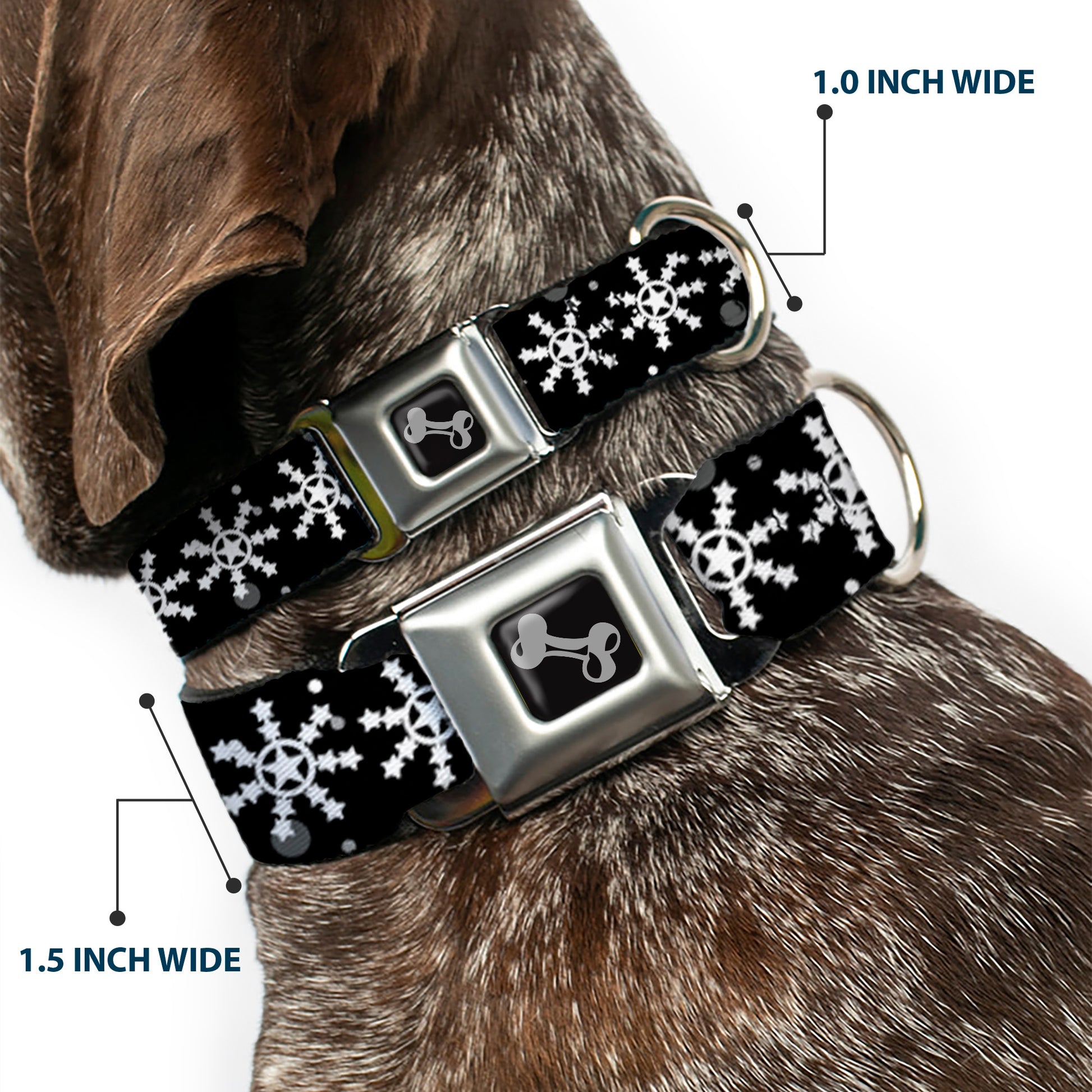 Dog Bone Black/Silver Seatbelt Buckle Collar - Starry Snowflakes Black/White/Gray Seatbelt Buckle Collars Buckle-Down