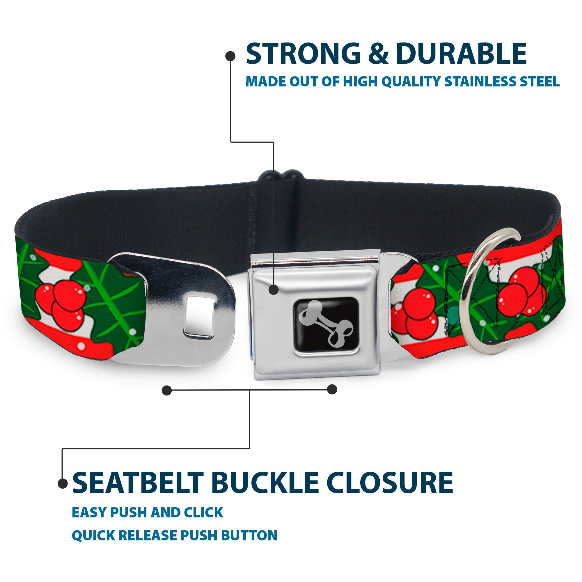 Dog Bone Black/Silver Seatbelt Buckle Collar - Snowy Holly Stripe Reds/White/Greens Seatbelt Buckle Collars Buckle-Down