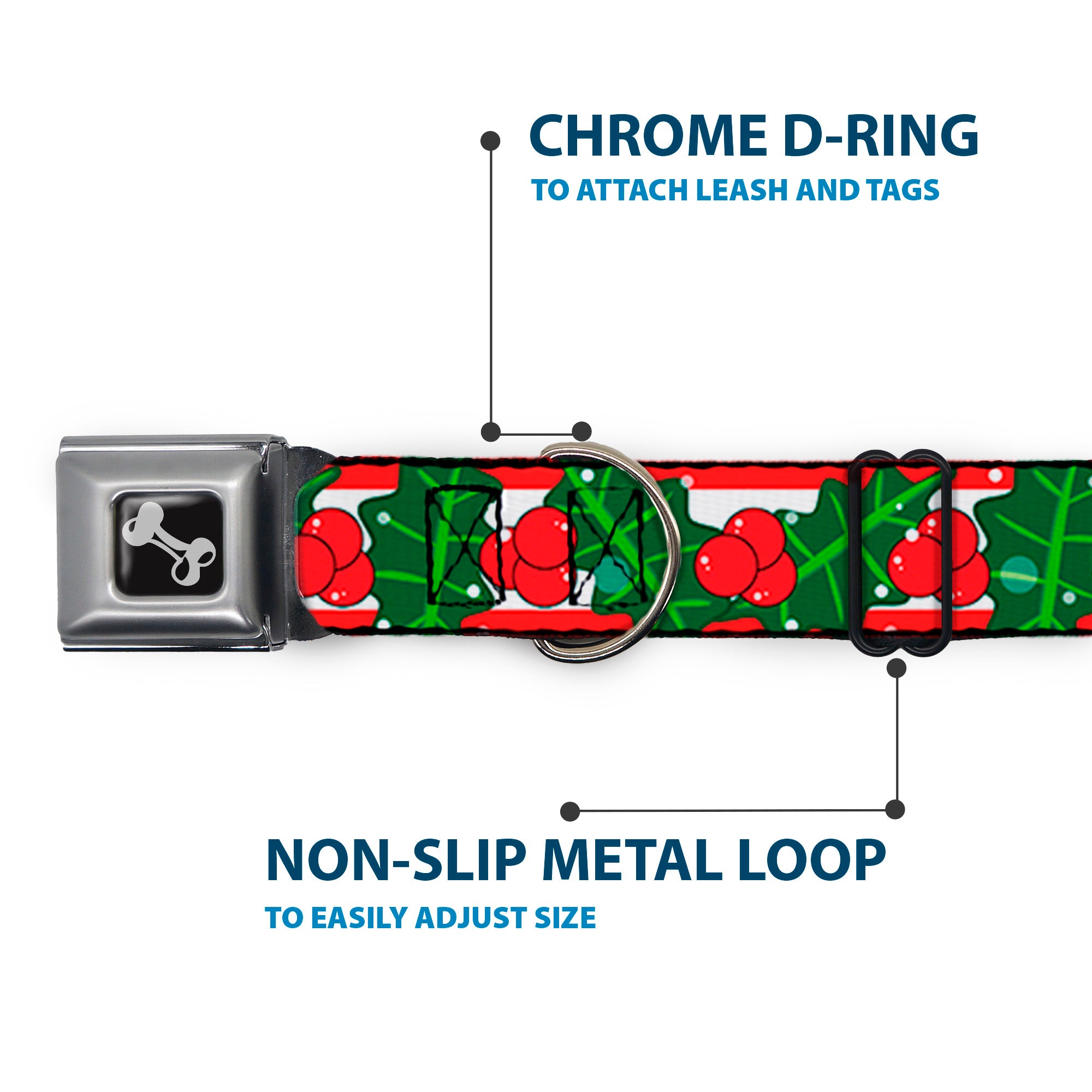 Dog Bone Black/Silver Seatbelt Buckle Collar - Snowy Holly Stripe Reds/White/Greens Seatbelt Buckle Collars Buckle-Down