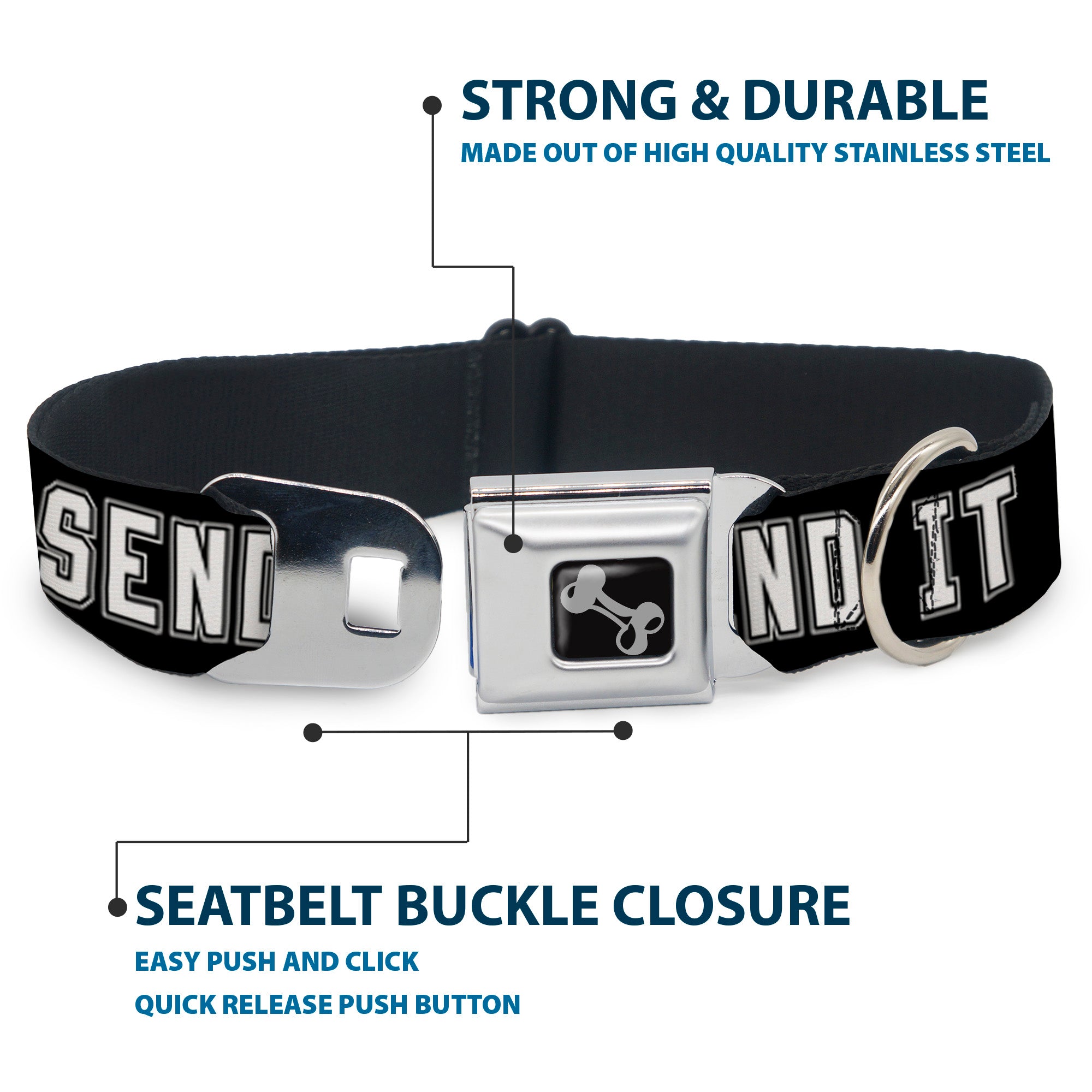 Dog Bone Black/Silver Seatbelt Buckle Collar - SEND IT Black/White Seatbelt Buckle Collars Buckle-Down