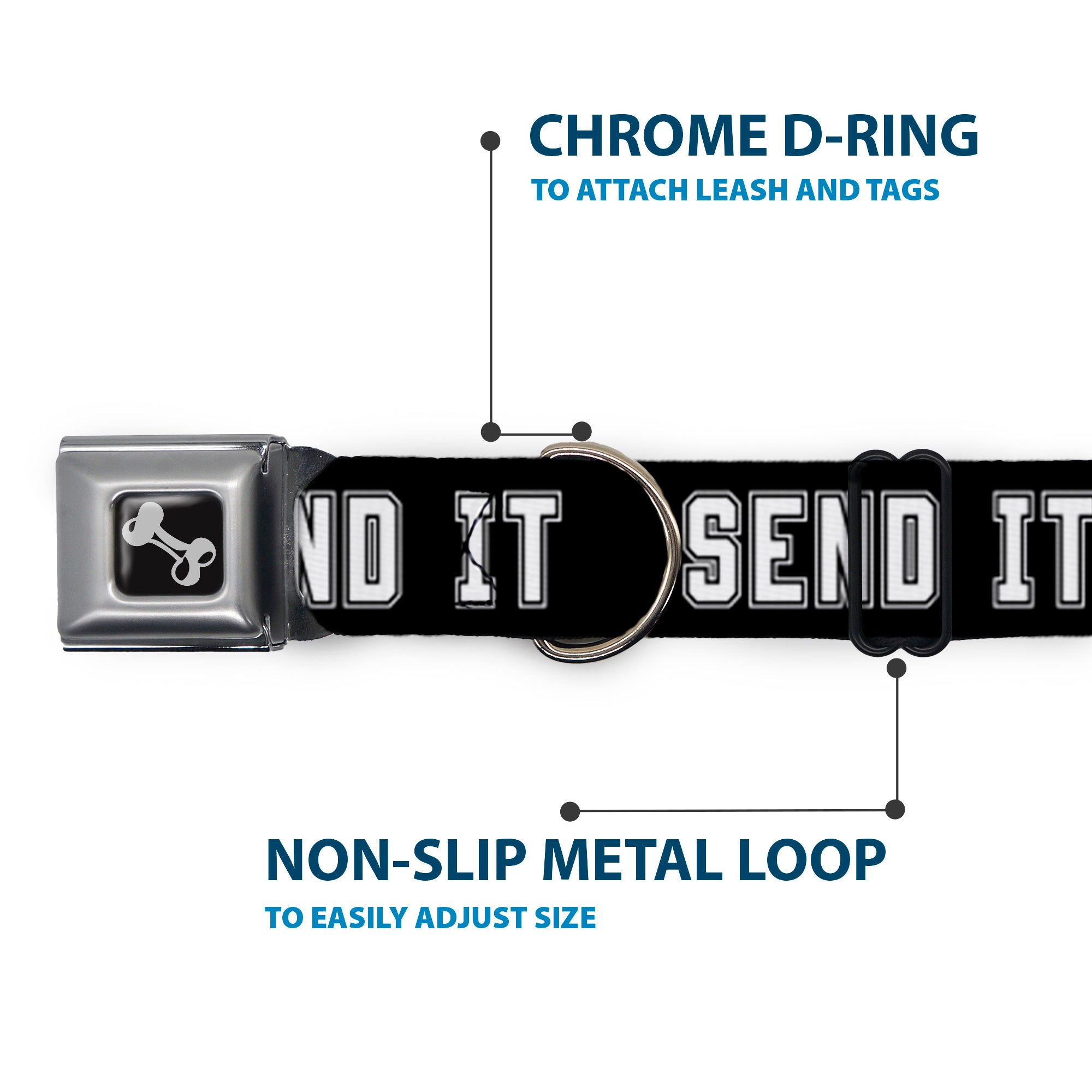 Dog Bone Black/Silver Seatbelt Buckle Collar - SEND IT Black/White Seatbelt Buckle Collars Buckle-Down