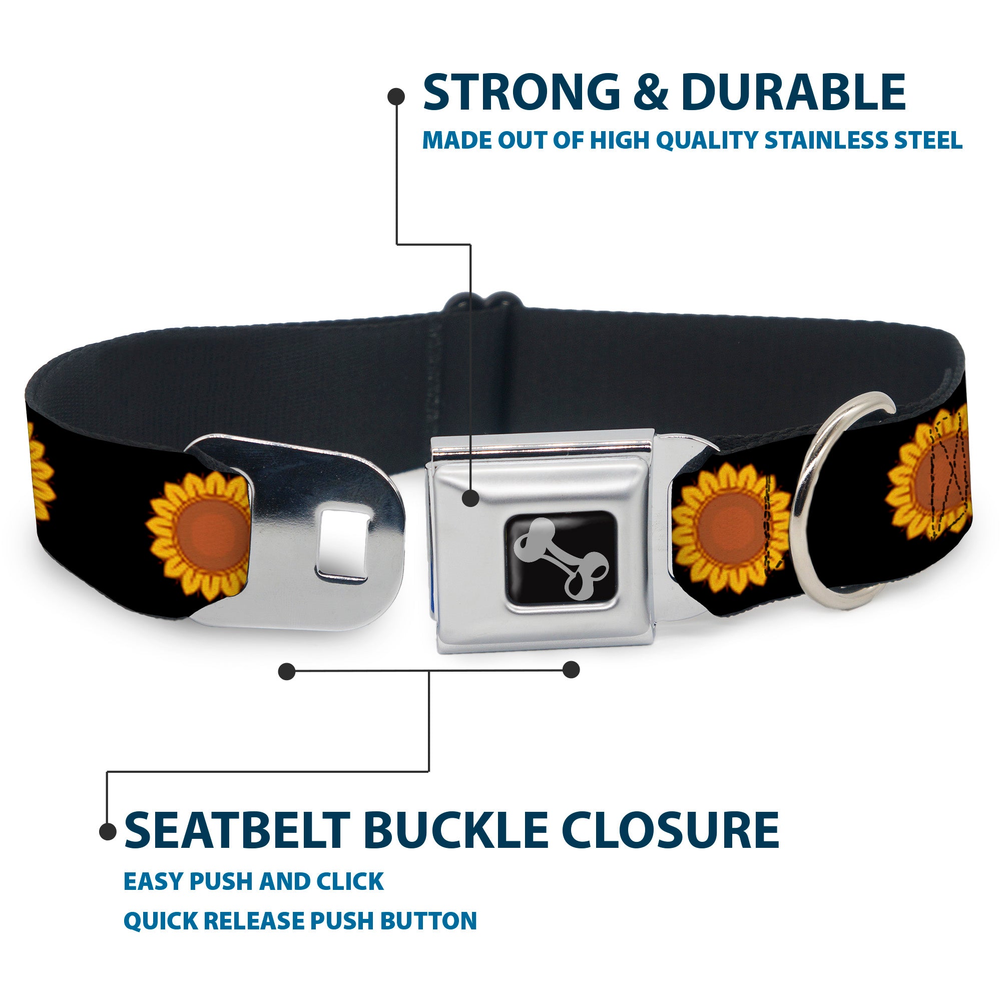 Dog Bone Black/Silver Seatbelt Buckle Collar - Sunflower Face Repeat Black Seatbelt Buckle Collars Buckle-Down