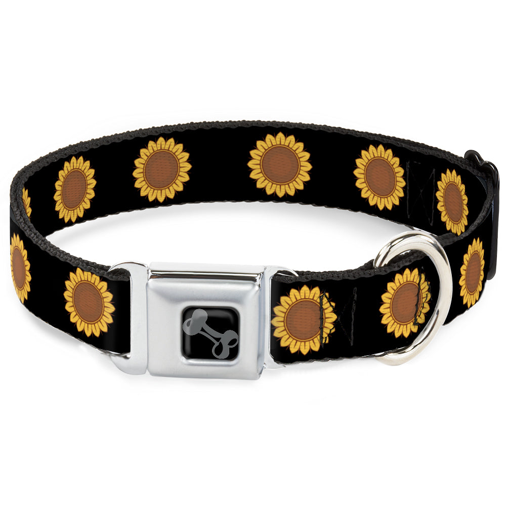 Dog Bone Black/Silver Seatbelt Buckle Collar - Sunflower Face Repeat Black Seatbelt Buckle Collars Buckle-Down