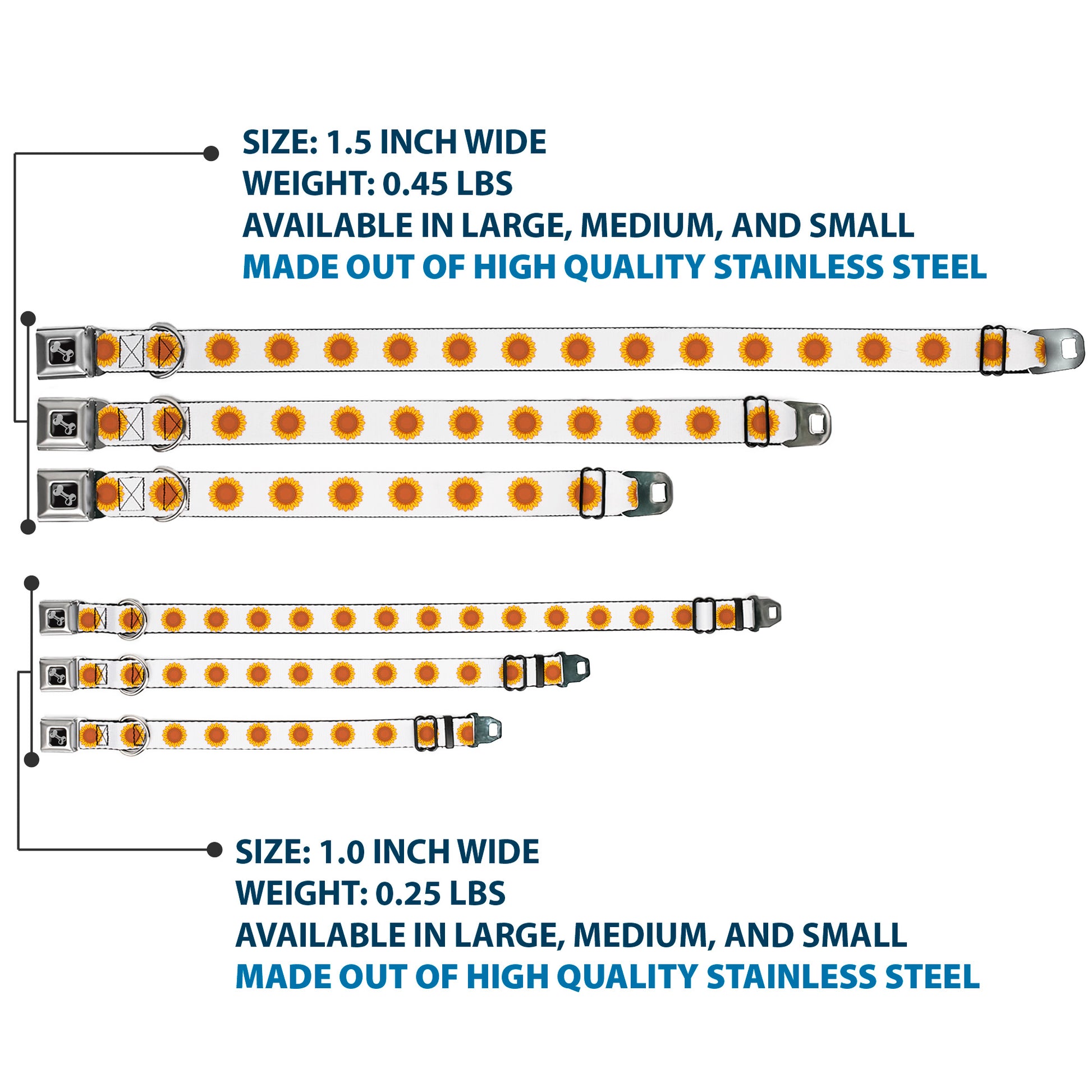 Dog Bone Black/Silver Seatbelt Buckle Collar - Sunflower Face Repeat White Seatbelt Buckle Collars Buckle-Down