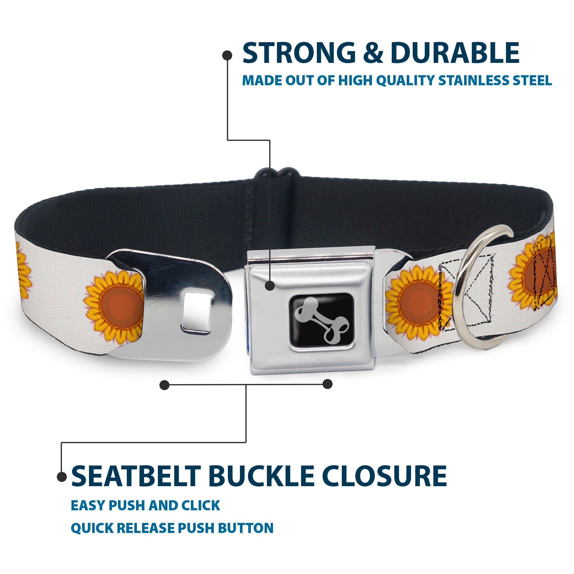 Dog Bone Black/Silver Seatbelt Buckle Collar - Sunflower Face Repeat White Seatbelt Buckle Collars Buckle-Down