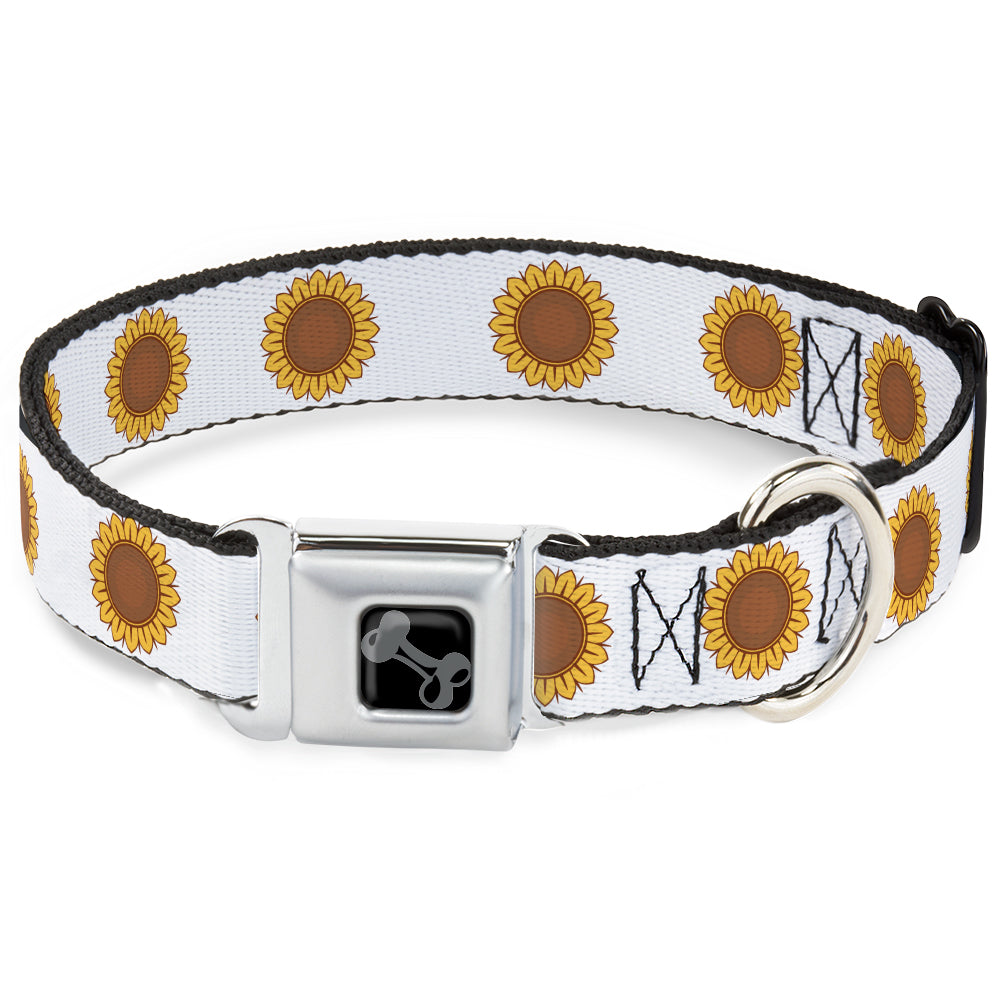 Dog Bone Black/Silver Seatbelt Buckle Collar - Sunflower Face Repeat White Seatbelt Buckle Collars Buckle-Down