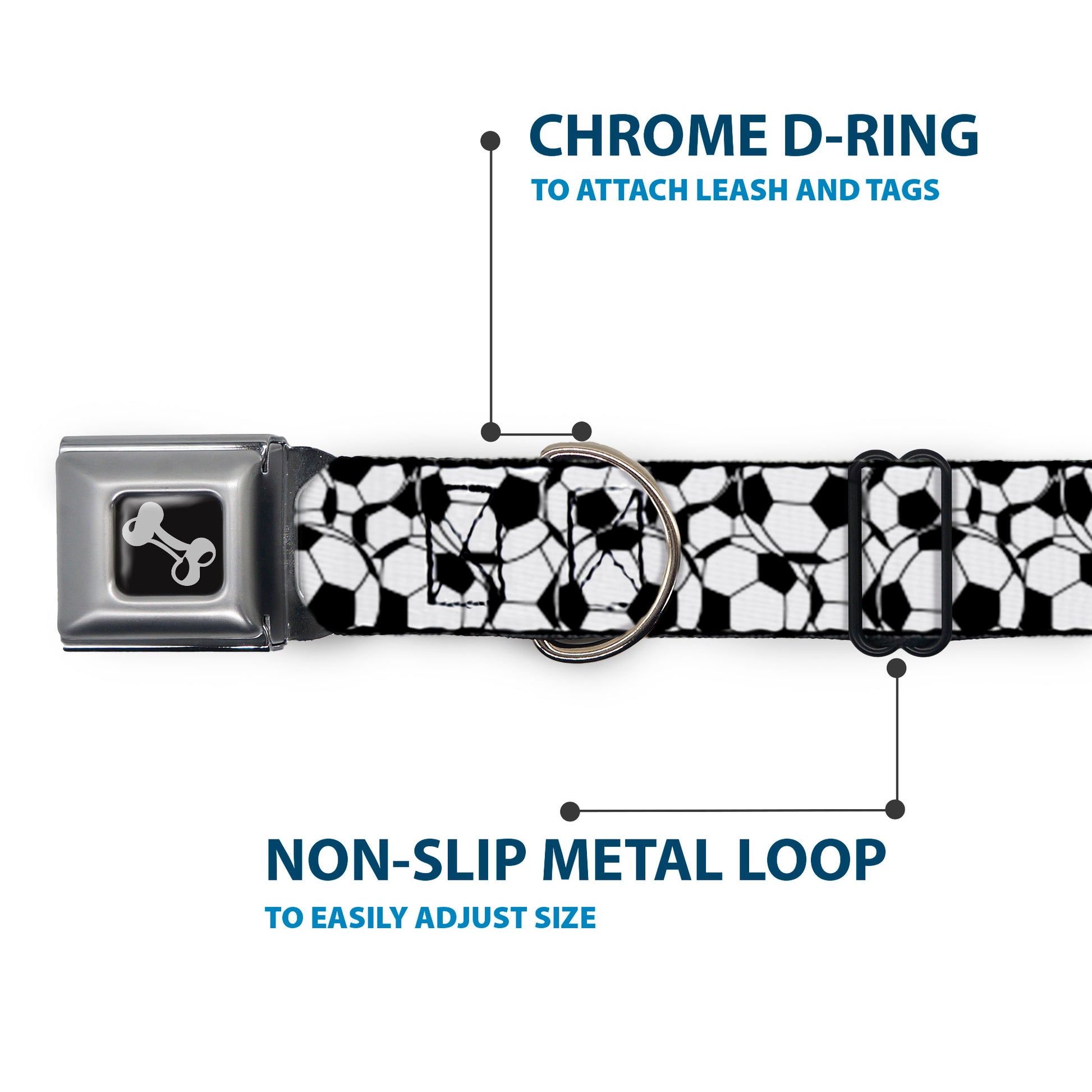 Dog Bone Black/Silver Seatbelt Buckle Collar - Soccer Balls Stacked Seatbelt Buckle Collars Buckle-Down