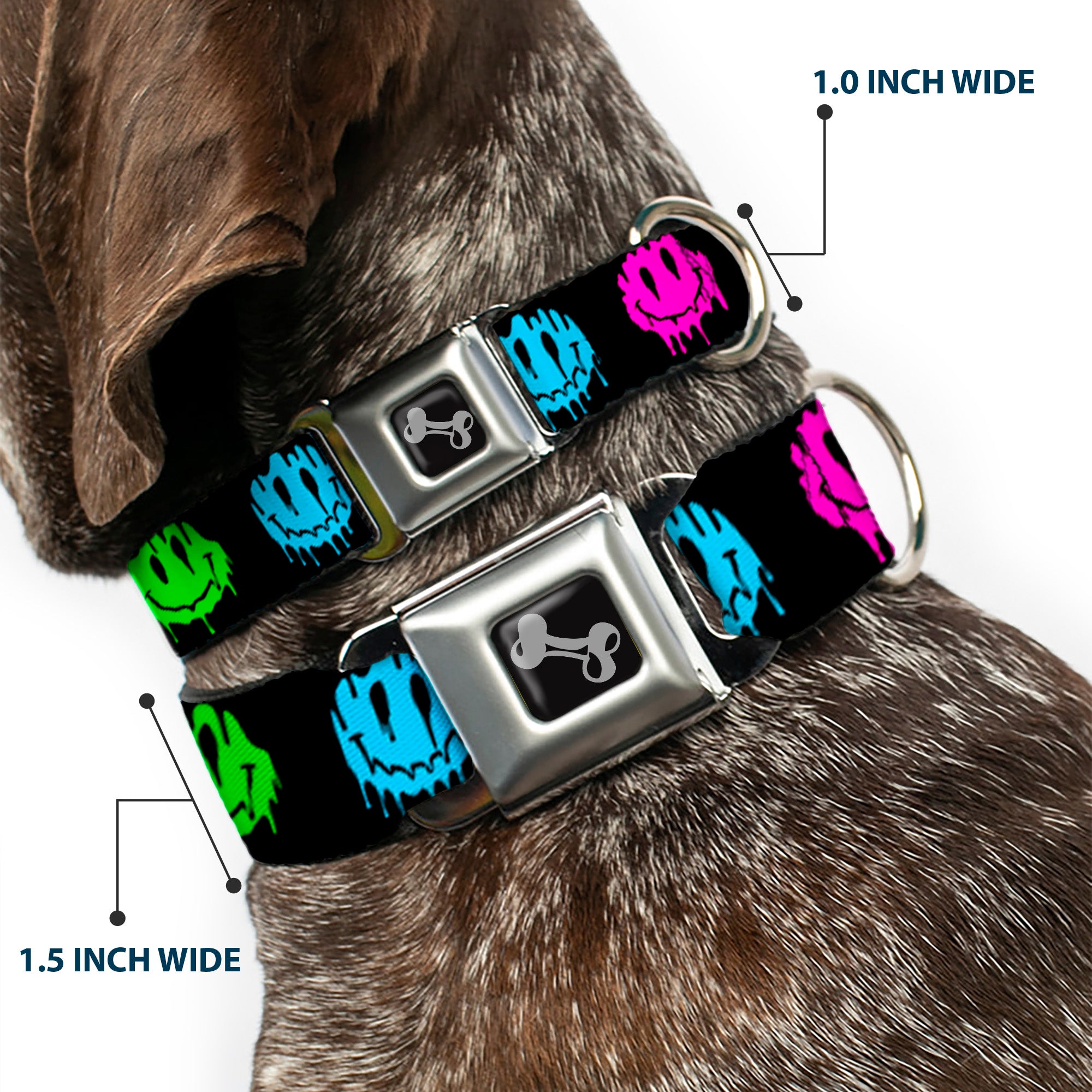 Dog Bone Black/Silver Seatbelt Buckle Collar - Smiley Face Melted Repeat Black/Multi Neon Seatbelt Buckle Collars Buckle-Down