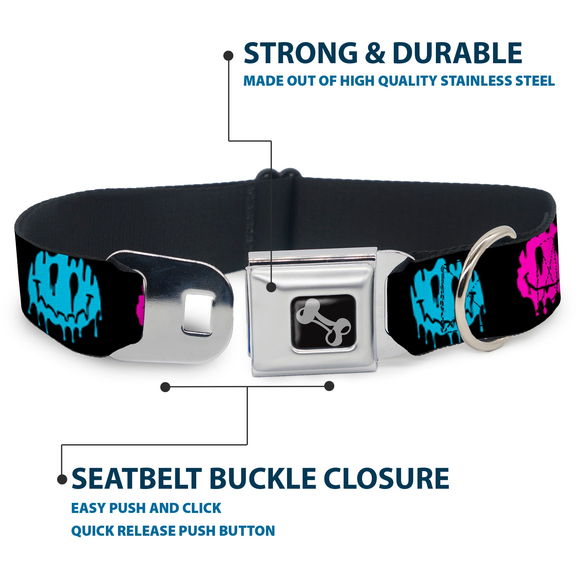 Dog Bone Black/Silver Seatbelt Buckle Collar - Smiley Face Melted Repeat Black/Multi Neon Seatbelt Buckle Collars Buckle-Down