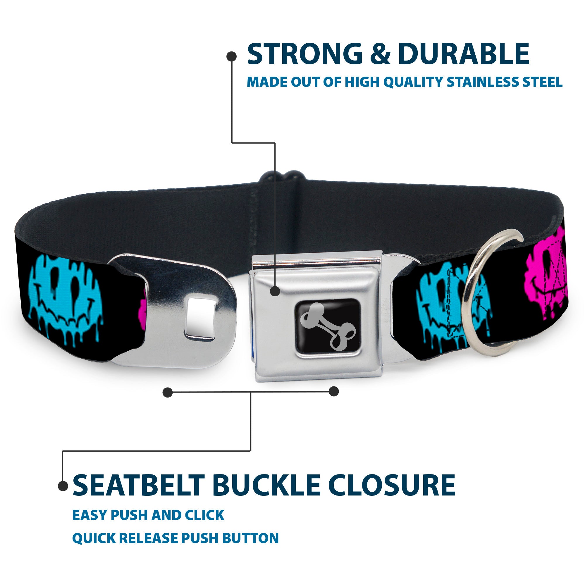Dog Bone Black/Silver Seatbelt Buckle Collar - Smiley Face Melted Repeat Black/Multi Neon Seatbelt Buckle Collars Buckle-Down
