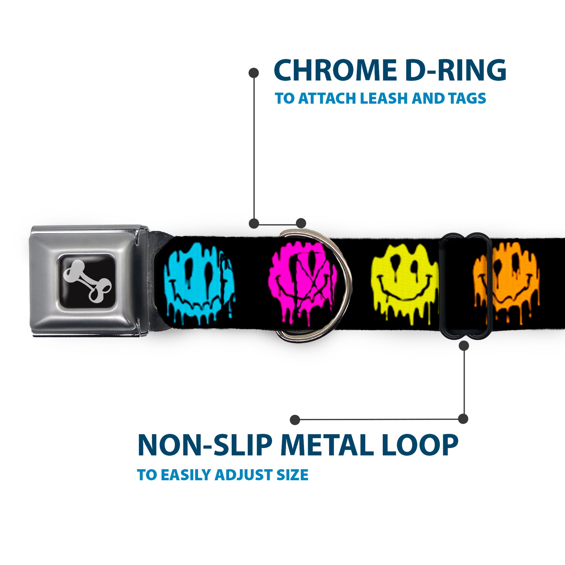 Dog Bone Black/Silver Seatbelt Buckle Collar - Smiley Face Melted Repeat Black/Multi Neon Seatbelt Buckle Collars Buckle-Down