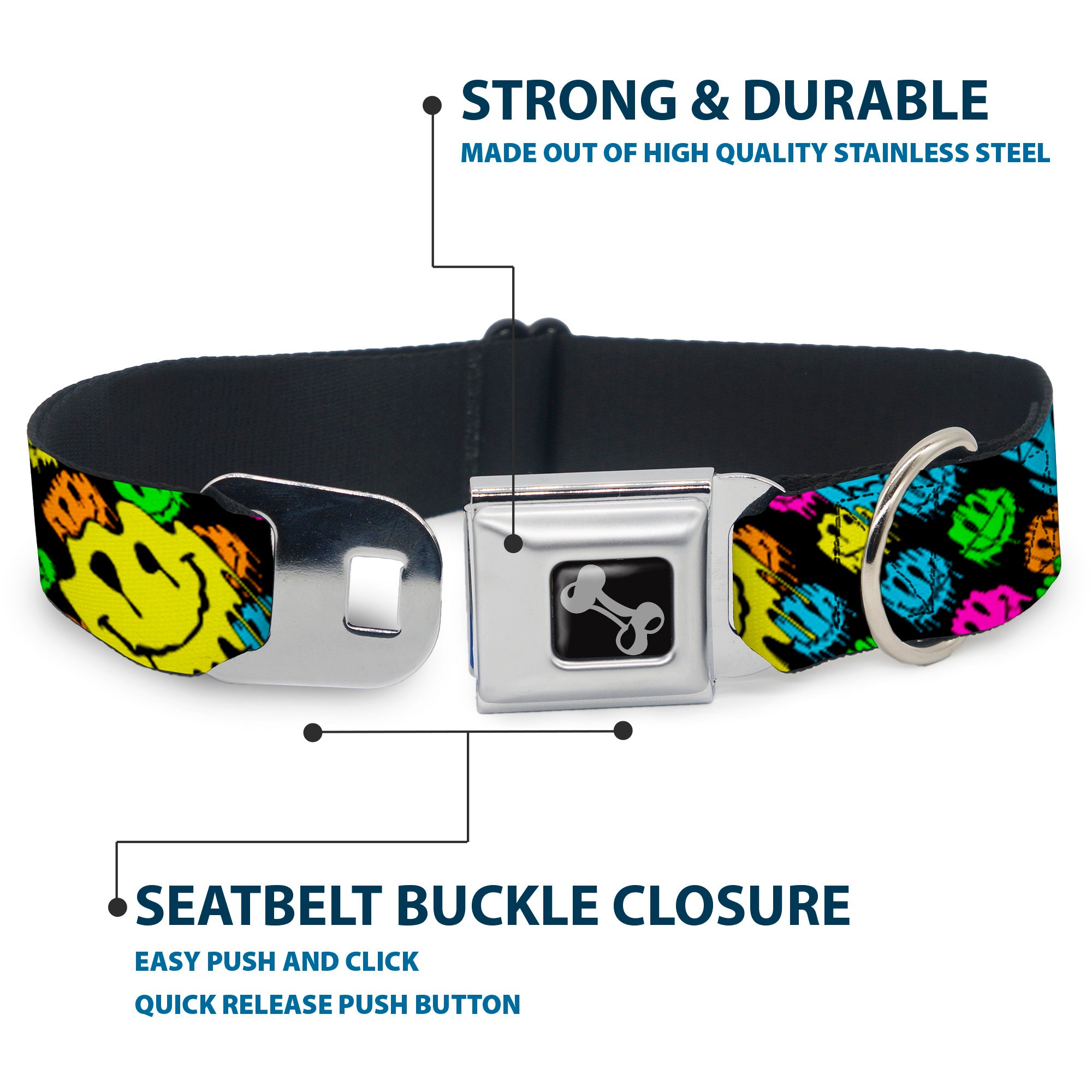 Dog Bone Black/Silver Seatbelt Buckle Collar - Smiley Faces Melted Stacked Black/Multi Neon Seatbelt Buckle Collars Buckle-Down