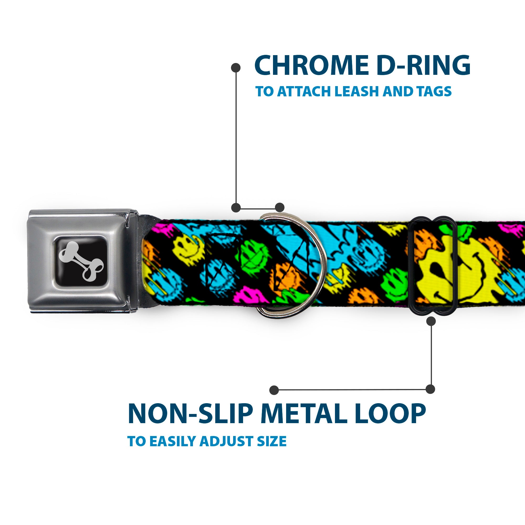 Dog Bone Black/Silver Seatbelt Buckle Collar - Smiley Faces Melted Stacked Black/Multi Neon Seatbelt Buckle Collars Buckle-Down