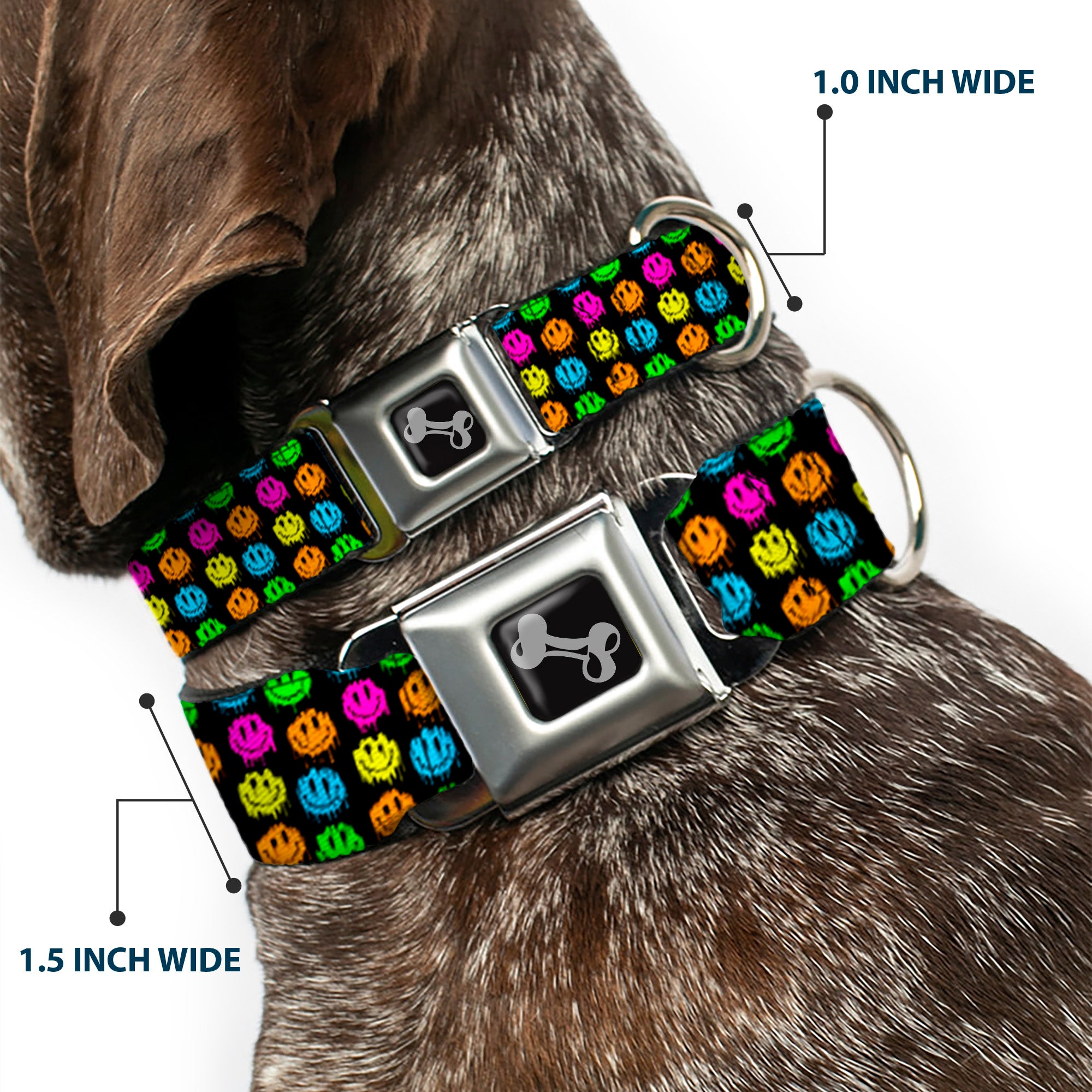 Dog Bone Black/Silver Seatbelt Buckle Collar - Smiley Faces Melted Mini Repeat Black/Multi Neon Seatbelt Buckle Collars Buckle-Down