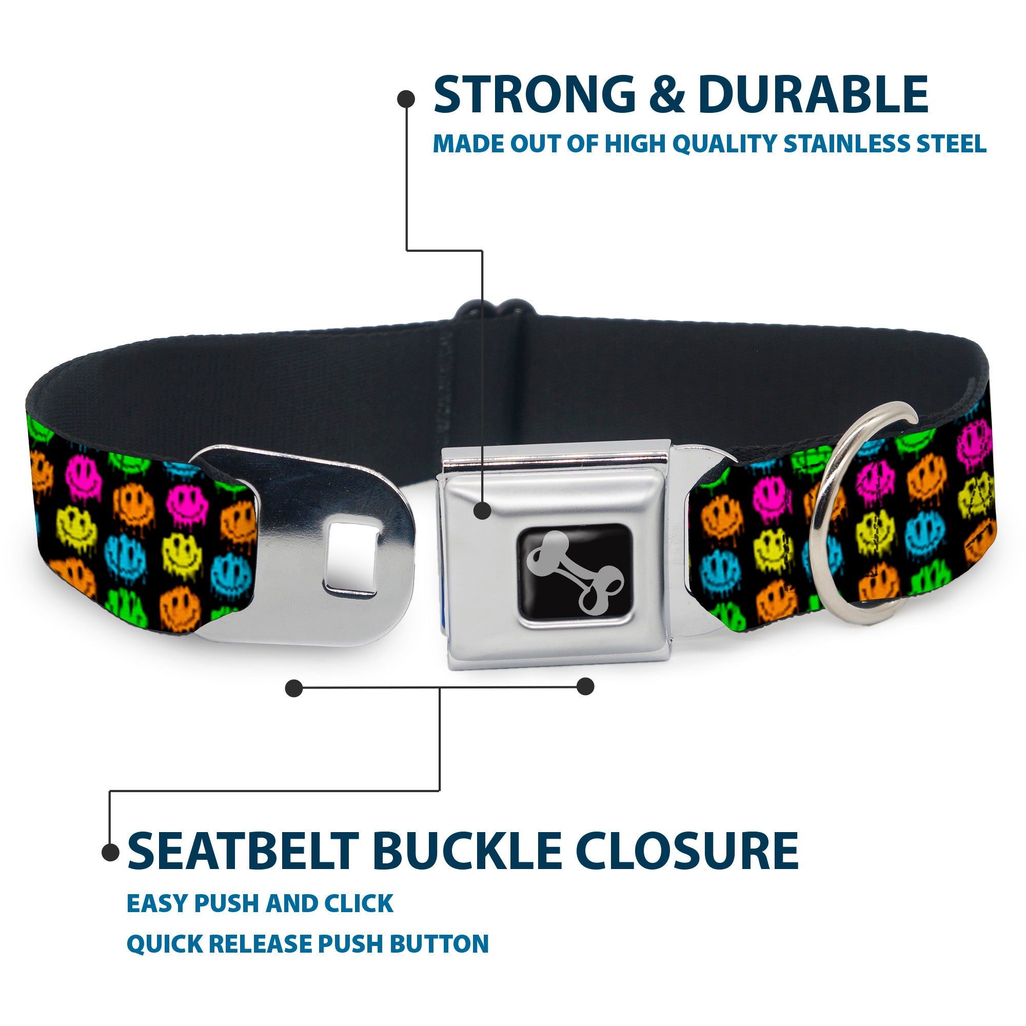 Dog Bone Black/Silver Seatbelt Buckle Collar - Smiley Faces Melted Mini Repeat Black/Multi Neon Seatbelt Buckle Collars Buckle-Down
