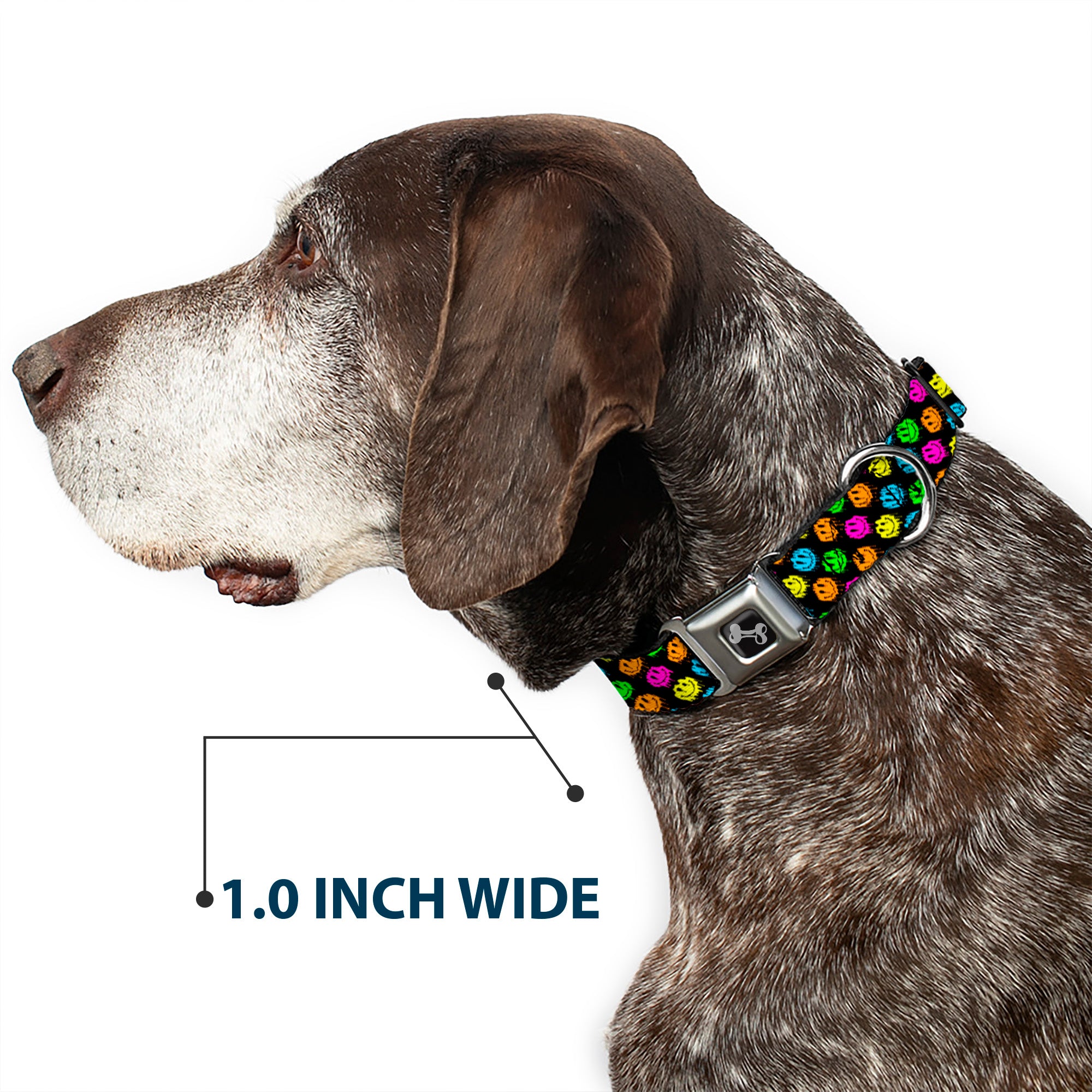 Dog Bone Black/Silver Seatbelt Buckle Collar - Smiley Faces Melted Mini Repeat Angle Black/Multi Neon Seatbelt Buckle Collars Buckle-Down