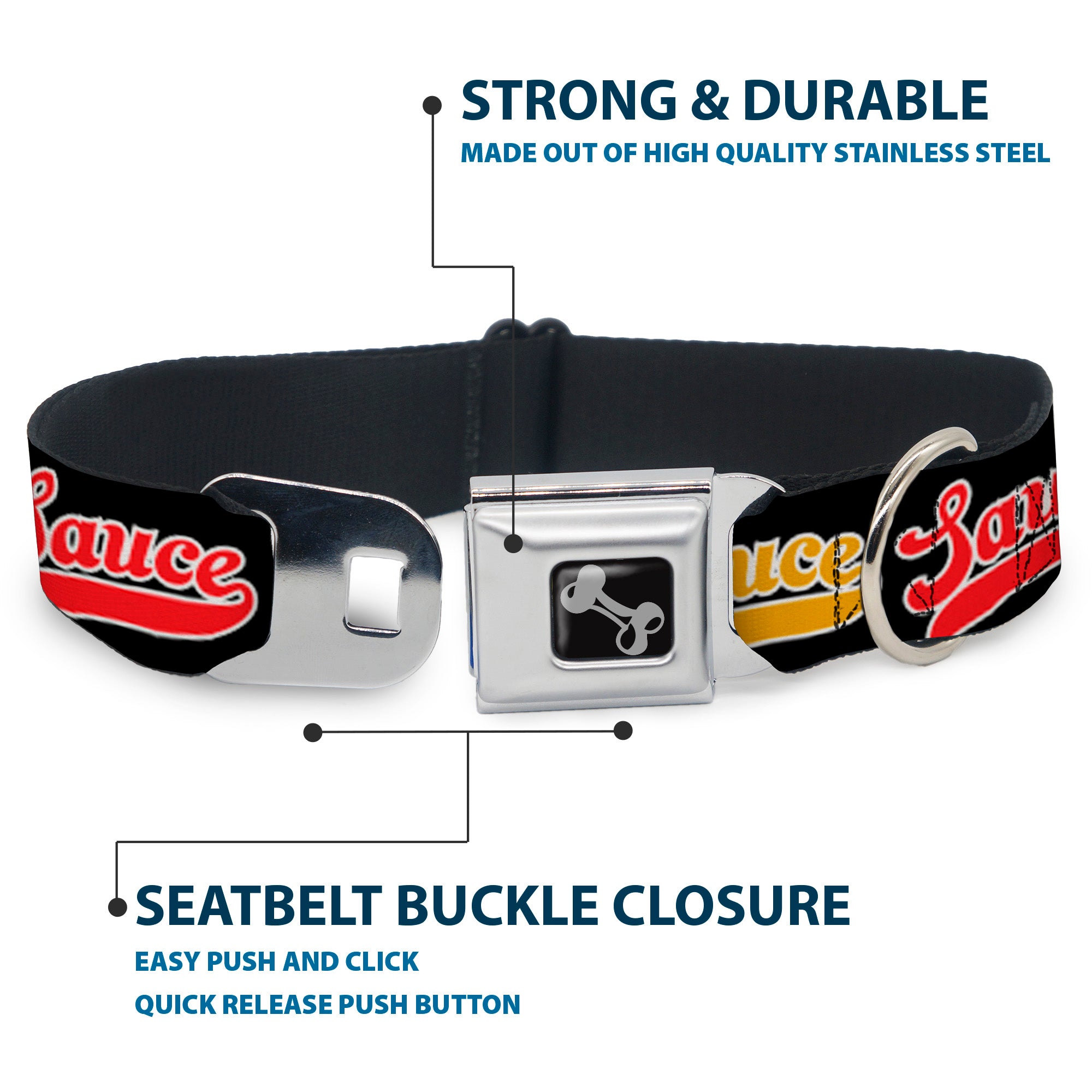 Dog Bone Black/Silver Seatbelt Buckle Collar - SAUCE Baseball Script Black/Multi Color Seatbelt Buckle Collars Buckle-Down