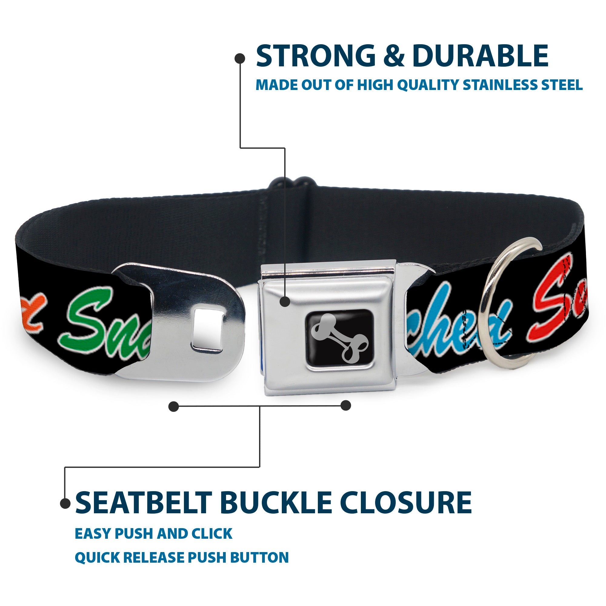 Dog Bone Black/Silver Seatbelt Buckle Collar - SNATCHED Script Black/Multi Color Seatbelt Buckle Collars Buckle-Down