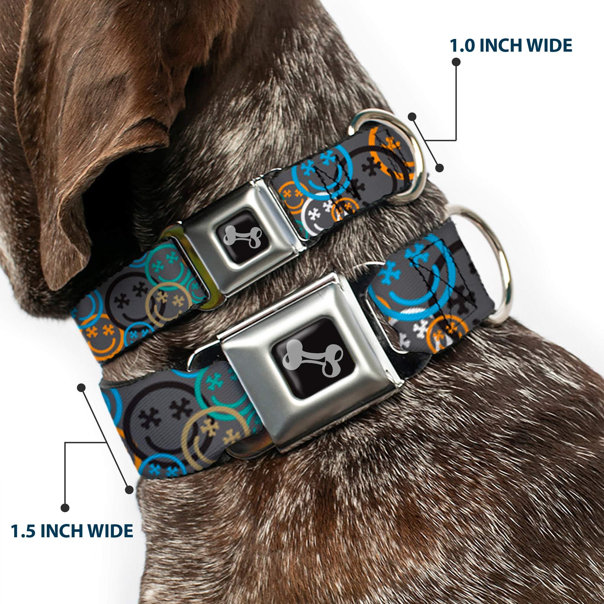 Dog Bone Black/Silver Seatbelt Buckle Collar - Smiley Face Crossbones Stacked Gray/Multi Color Seatbelt Buckle Collars Buckle-Down