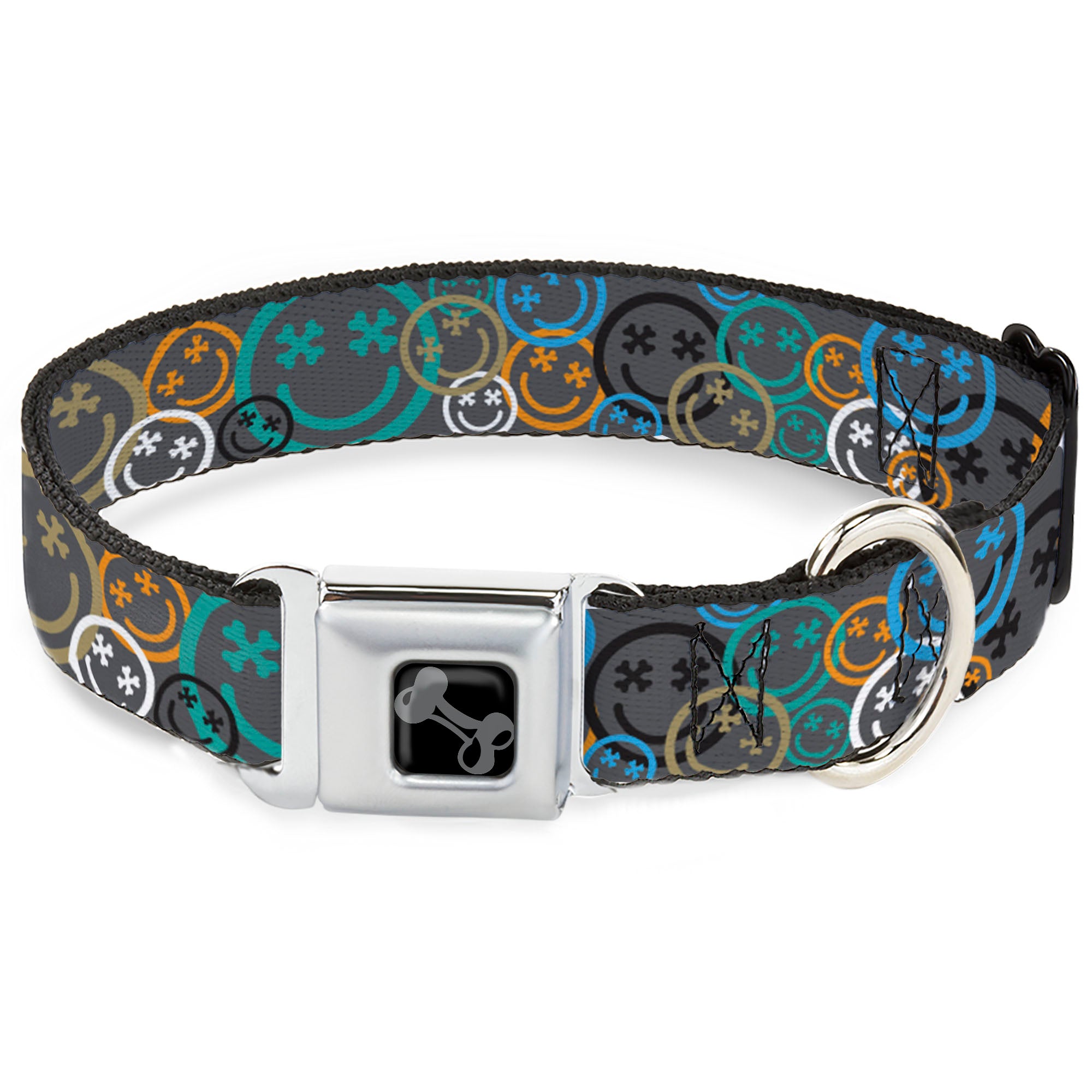 Dog Bone Black/Silver Seatbelt Buckle Collar - Smiley Face Crossbones Stacked Gray/Multi Color Seatbelt Buckle Collars Buckle-Down