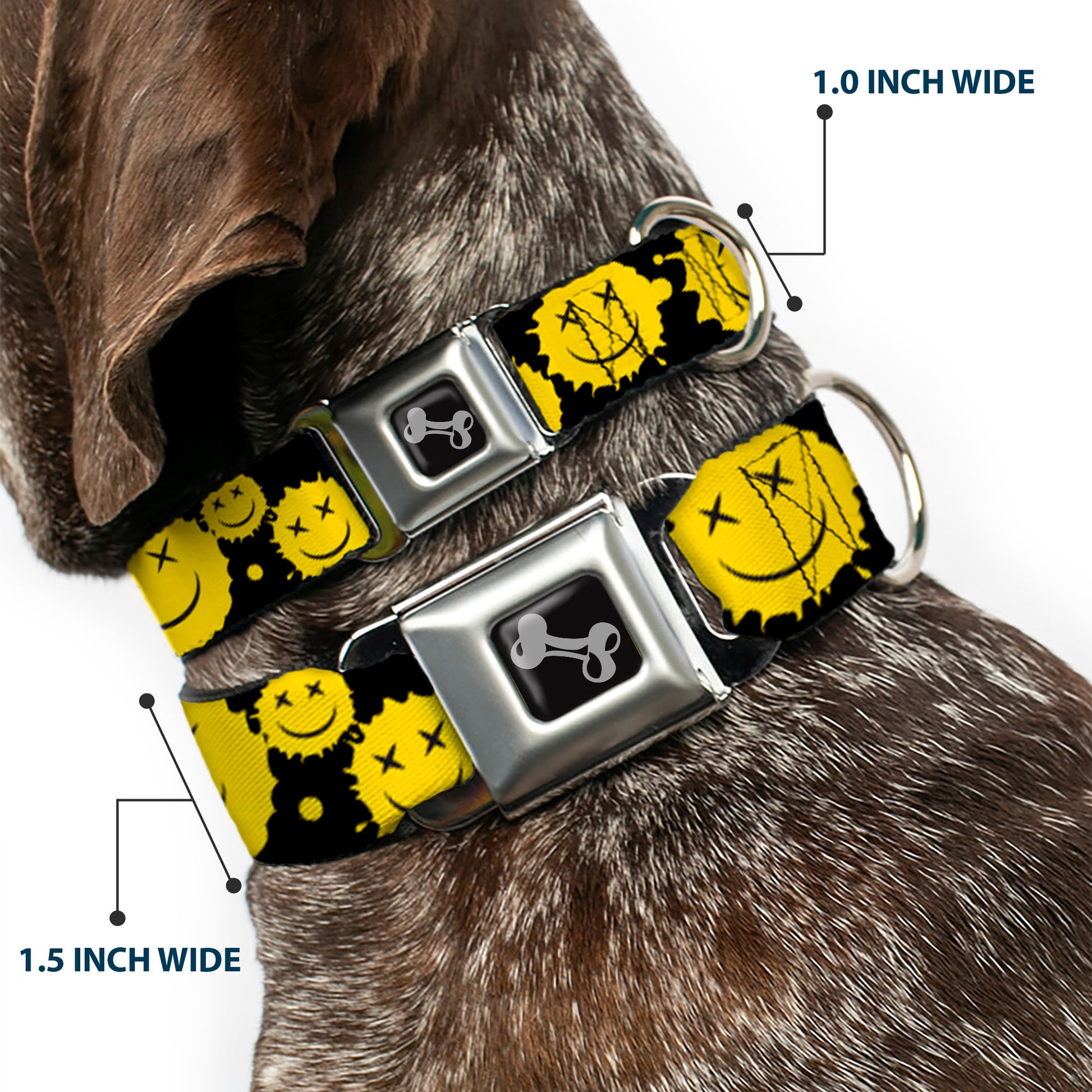 Dog Bone Black/Silver Seatbelt Buckle Collar - Smiley Face Splatter Scattered Black/Yellow Seatbelt Buckle Collars Buckle-Down