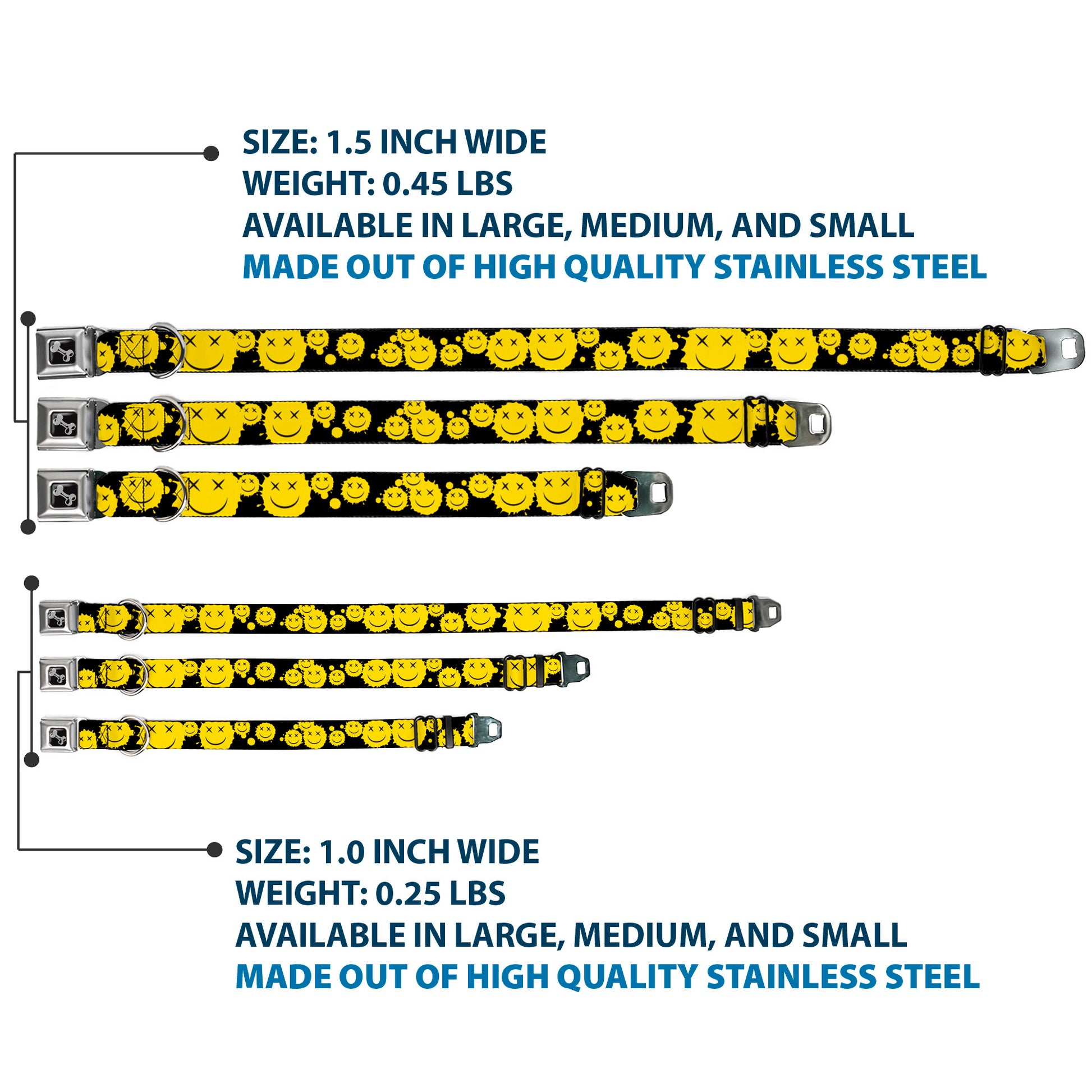 Dog Bone Black/Silver Seatbelt Buckle Collar - Smiley Face Splatter Scattered Black/Yellow Seatbelt Buckle Collars Buckle-Down