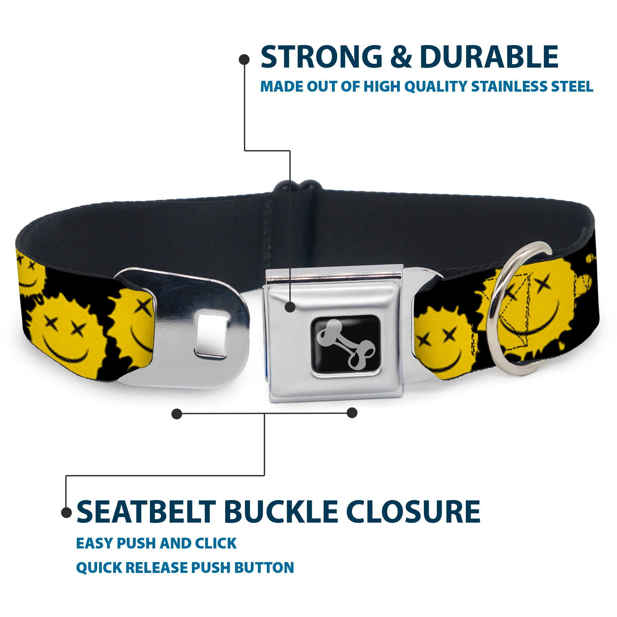 Dog Bone Black/Silver Seatbelt Buckle Collar - Smiley Face Splatter Scattered Black/Yellow Seatbelt Buckle Collars Buckle-Down