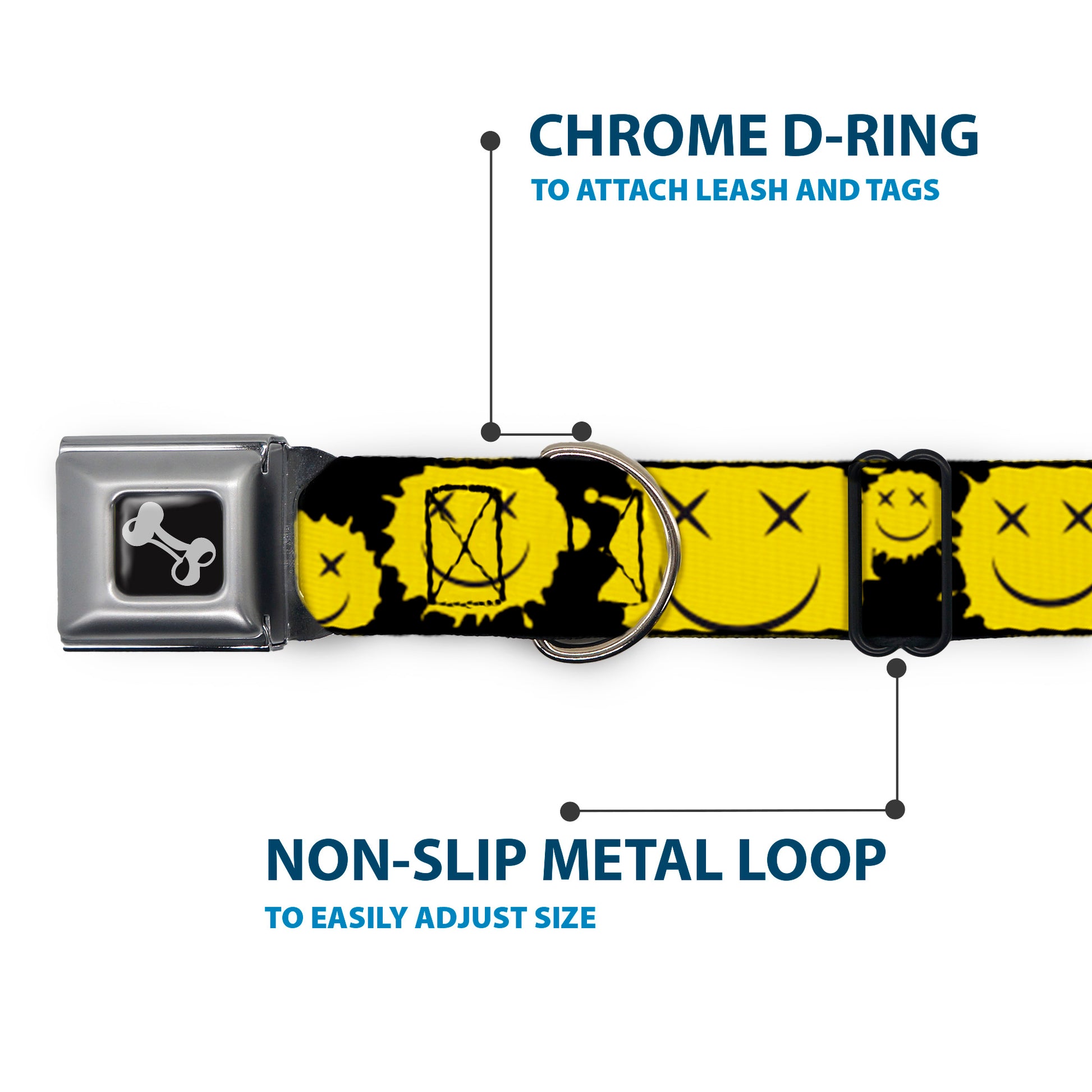 Dog Bone Black/Silver Seatbelt Buckle Collar - Smiley Face Splatter Scattered Black/Yellow Seatbelt Buckle Collars Buckle-Down