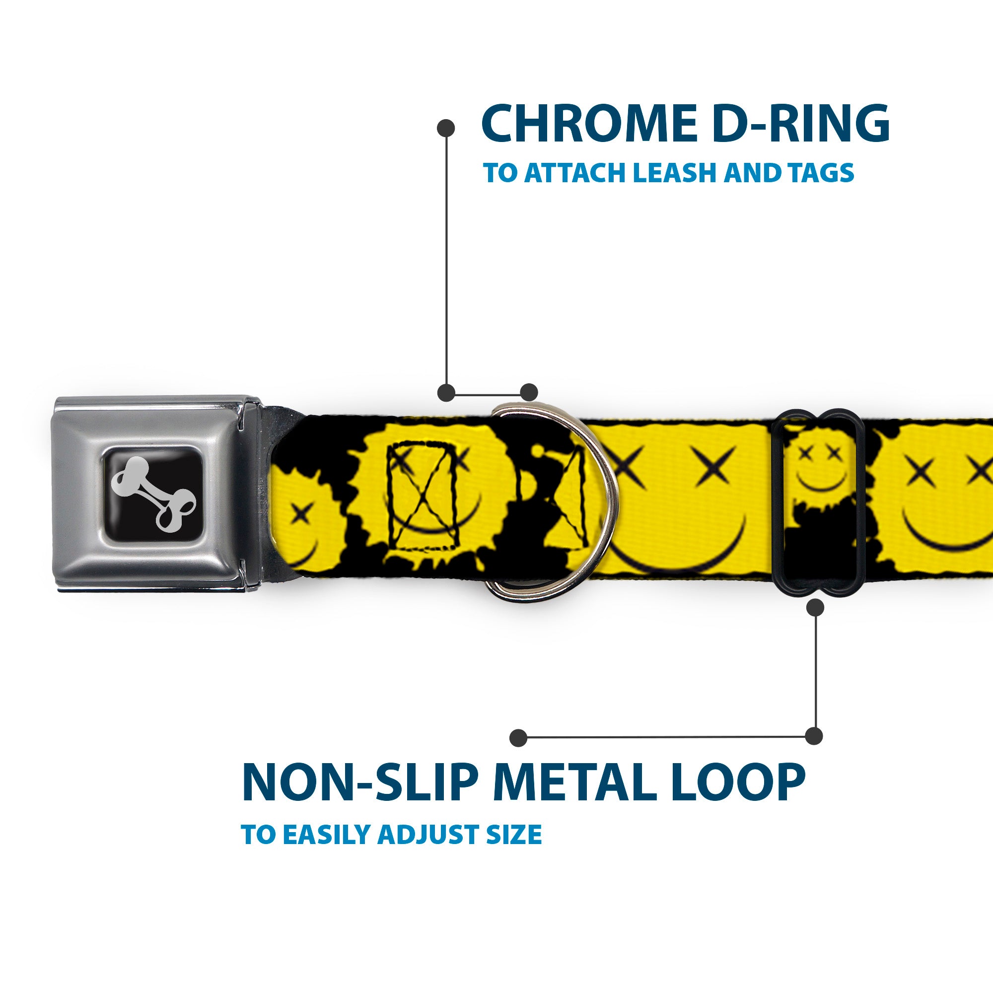 Dog Bone Black/Silver Seatbelt Buckle Collar - Smiley Face Splatter Scattered Black/Yellow Seatbelt Buckle Collars Buckle-Down