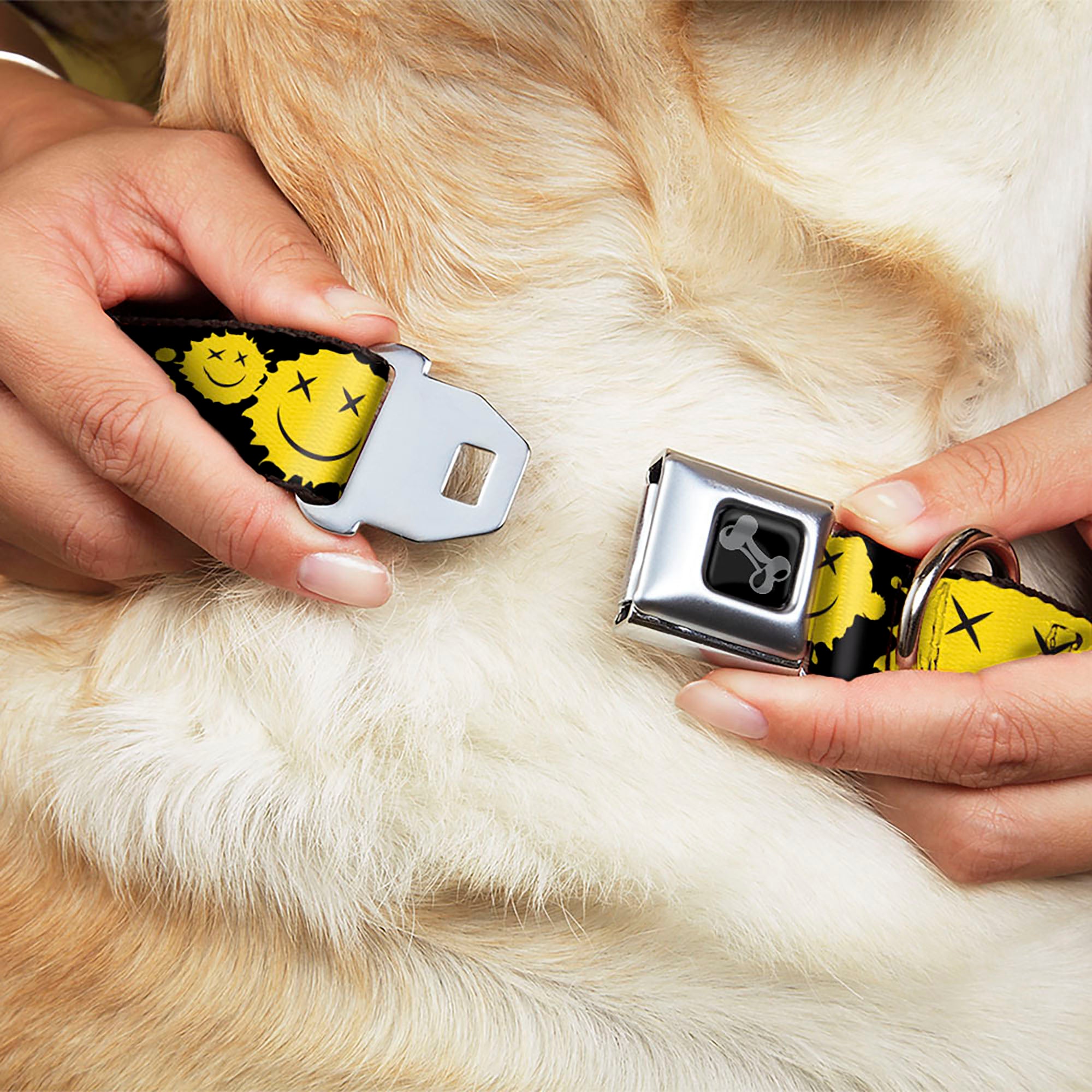 Dog Bone Black/Silver Seatbelt Buckle Collar - Smiley Face Splatter Scattered Black/Yellow Seatbelt Buckle Collars Buckle-Down