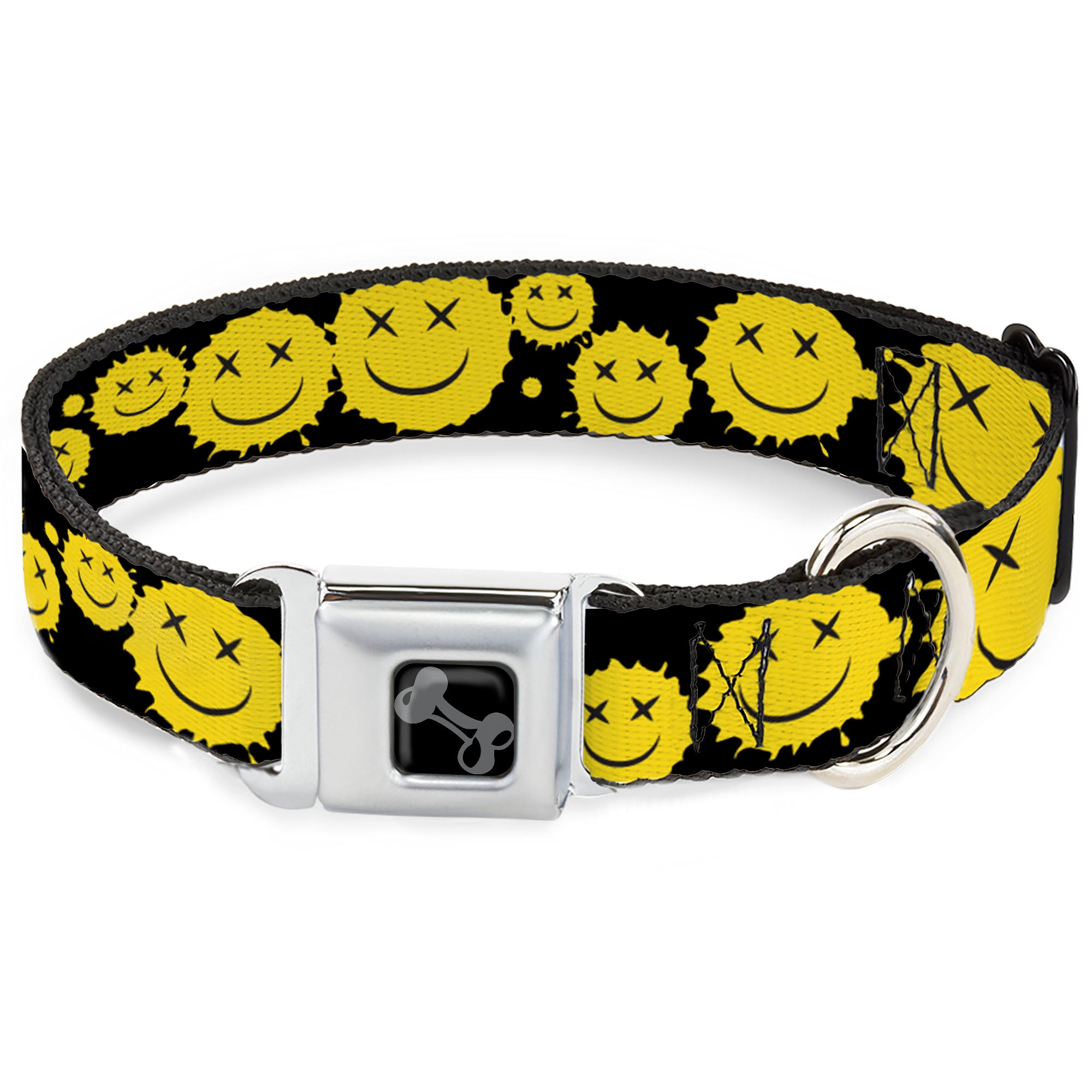 Dog Bone Black/Silver Seatbelt Buckle Collar - Smiley Face Splatter Scattered Black/Yellow Seatbelt Buckle Collars Buckle-Down