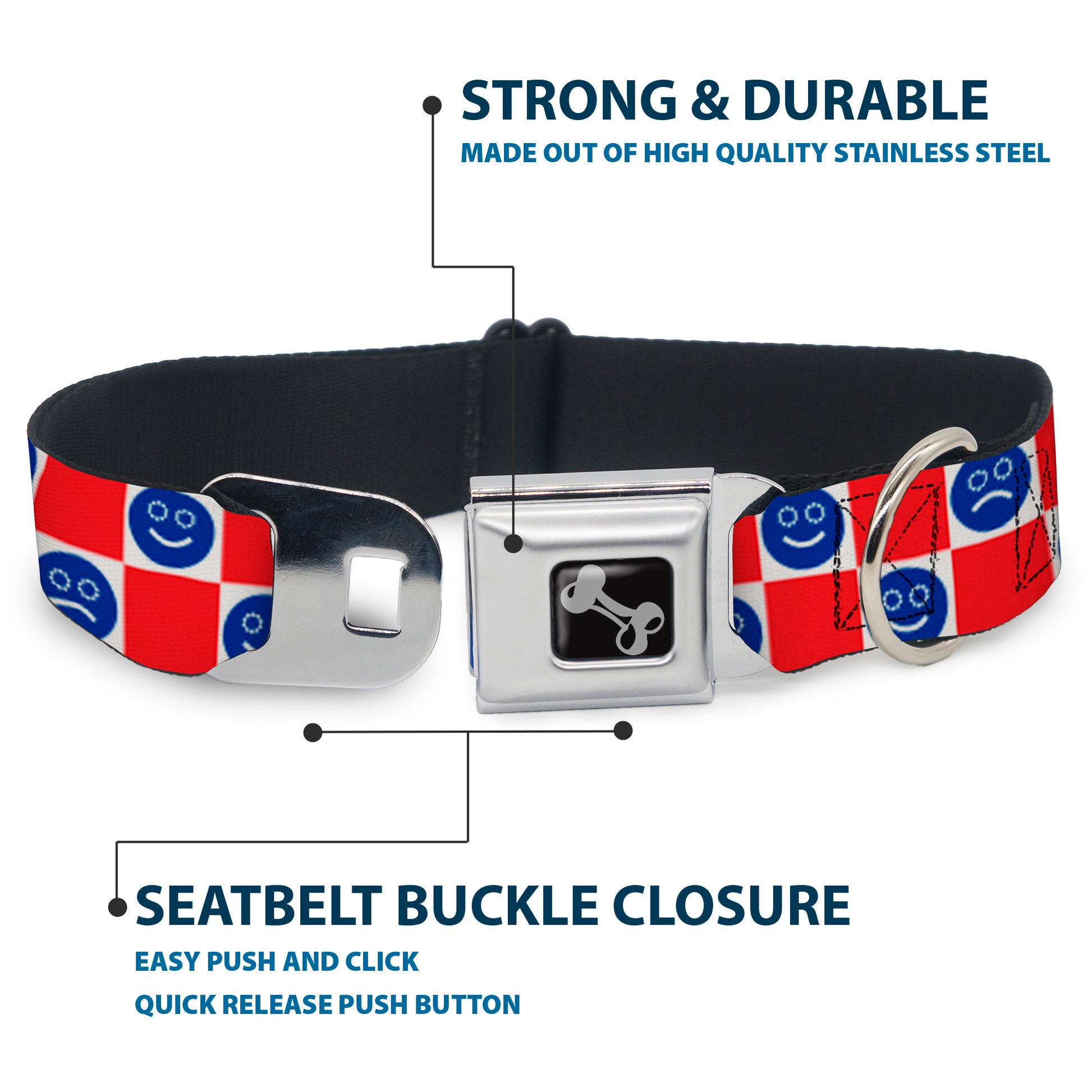 Dog Bone Black/Silver Seatbelt Buckle Collar - Smiley Sad Face Checker Red/White/Blue Seatbelt Buckle Collars Buckle-Down