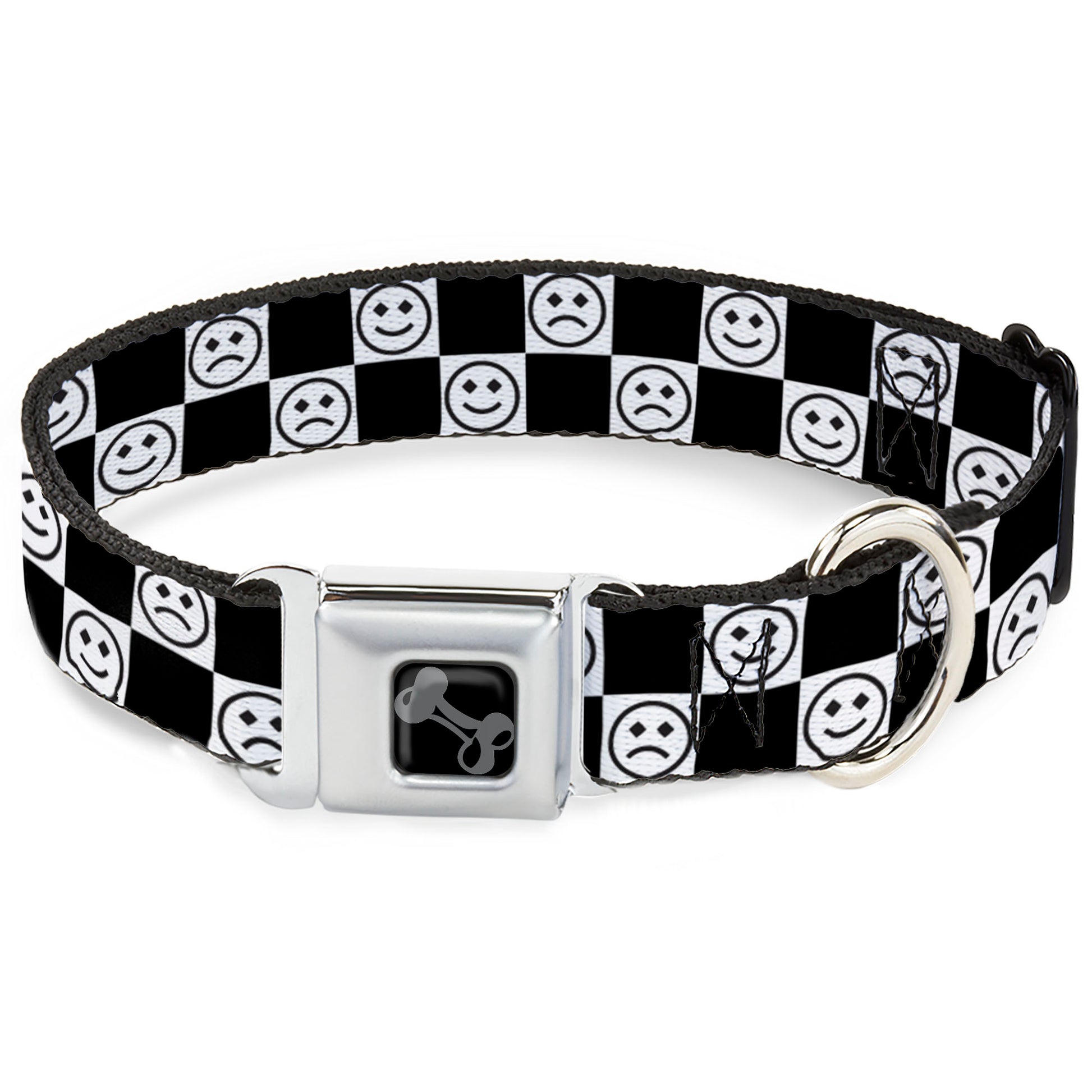 Dog Bone Black/Silver Seatbelt Buckle Collar - Smiley Sad Face Checker Black/White Seatbelt Buckle Collars Buckle-Down