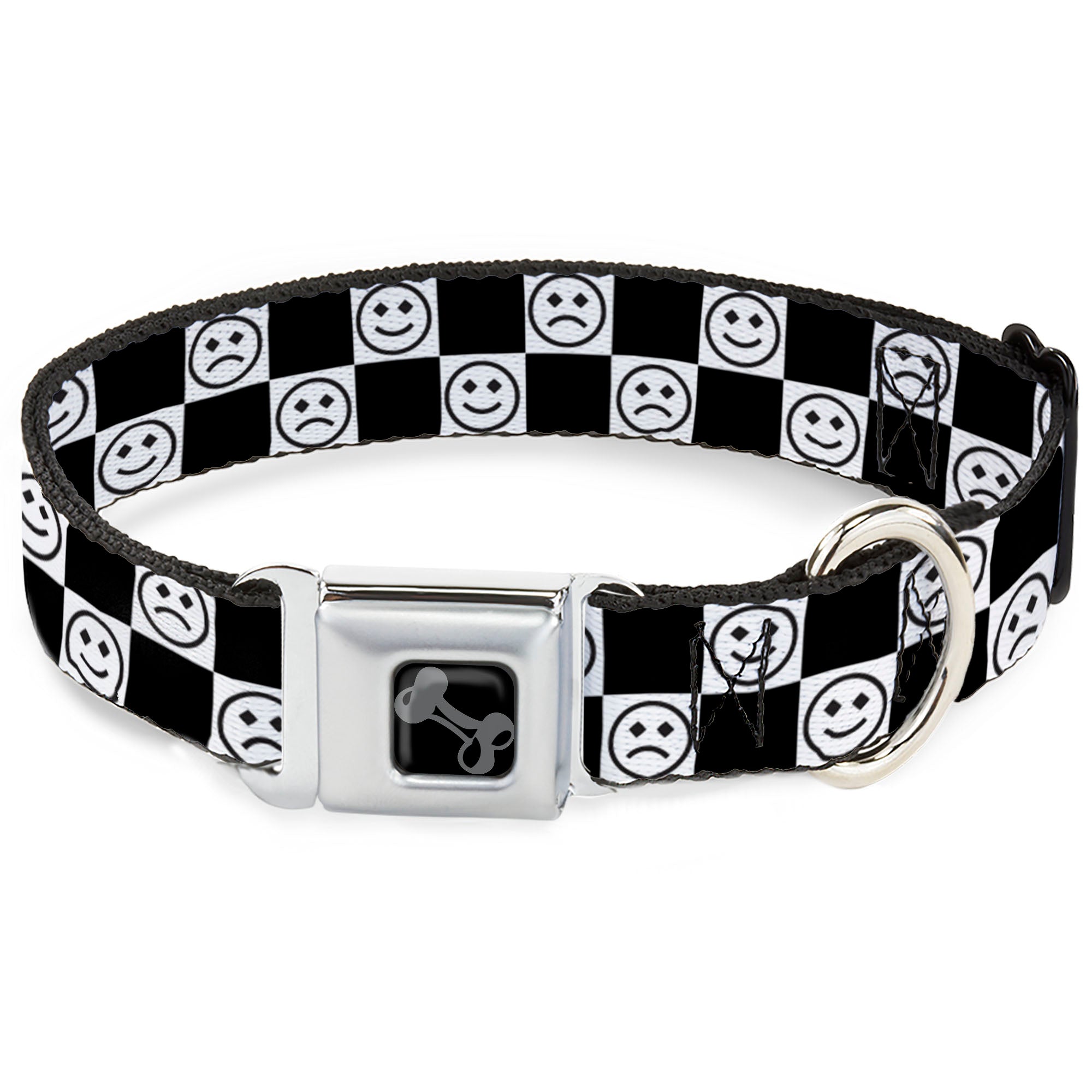 Dog Bone Black/Silver Seatbelt Buckle Collar - Smiley Sad Face Checker Black/White Seatbelt Buckle Collars Buckle-Down