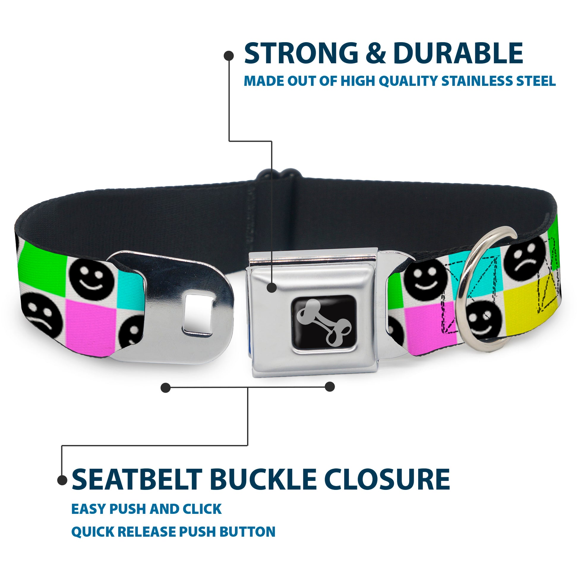 Dog Bone Black/Silver Seatbelt Buckle Collar - Smiley Sad Face Checker Multi Color/White Seatbelt Buckle Collars Buckle-Down