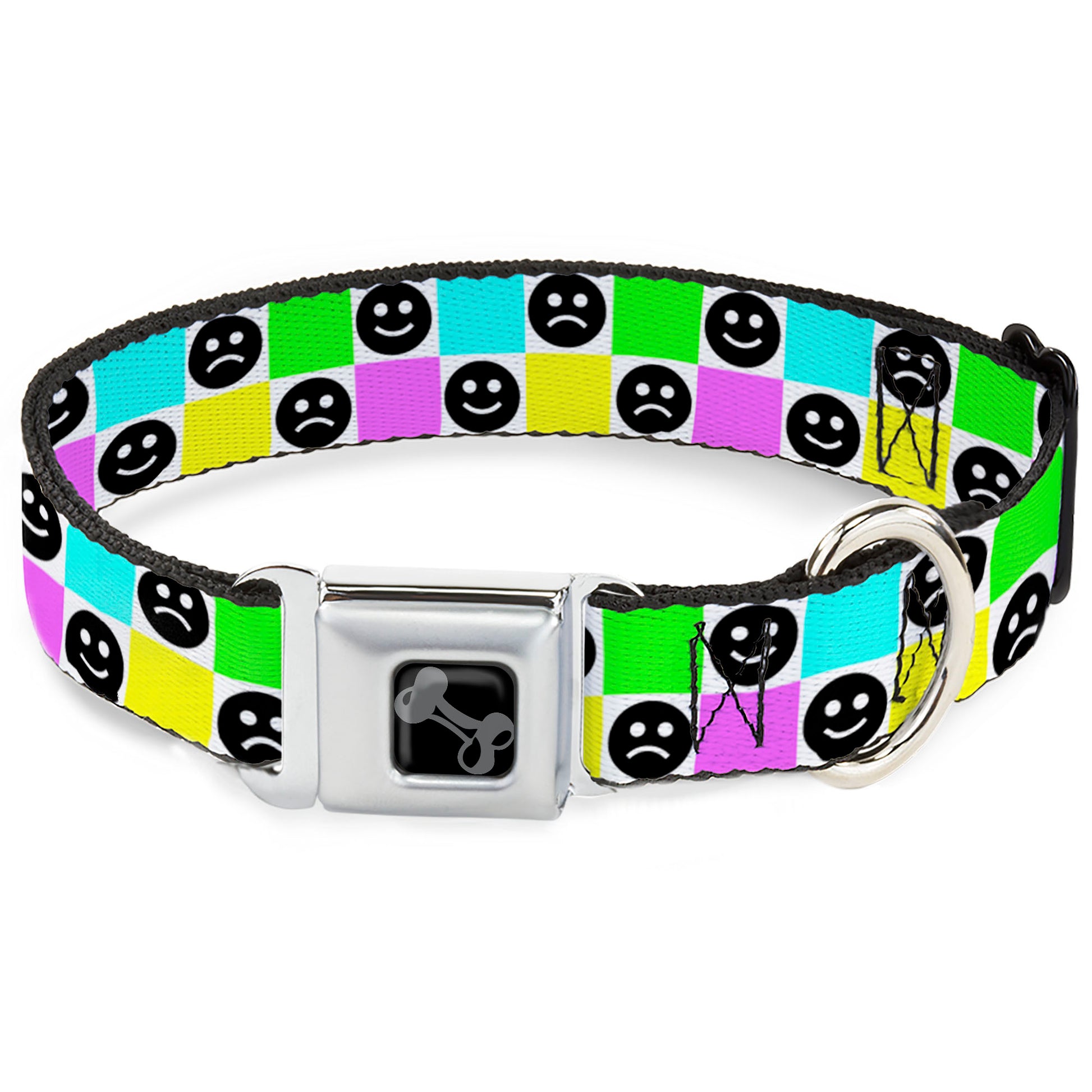Dog Bone Black/Silver Seatbelt Buckle Collar - Smiley Sad Face Checker Multi Color/White Seatbelt Buckle Collars Buckle-Down