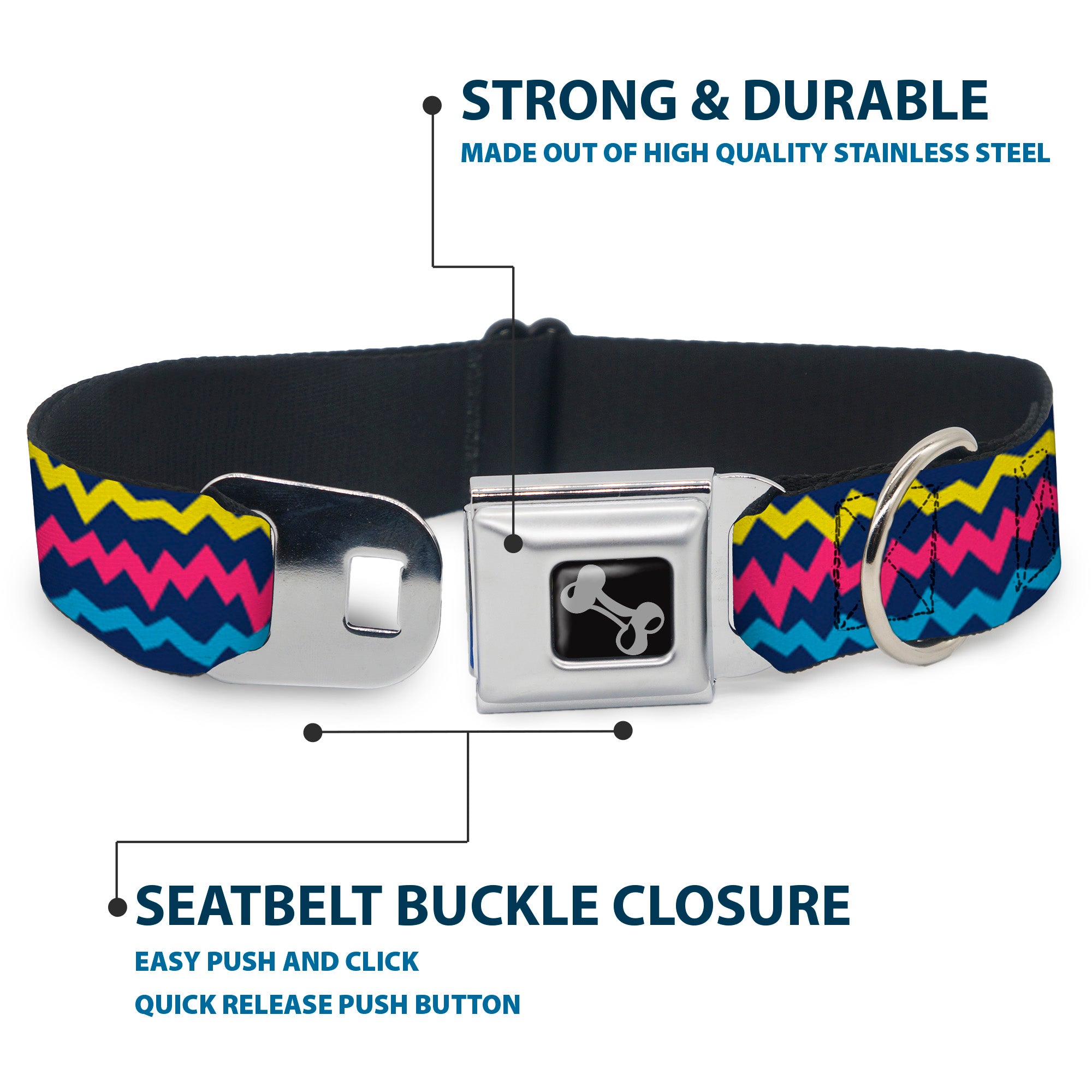 Dog Bone Black/Silver Seatbelt Buckle Collar - Scribble Zig Zag Stripe Navy/Multi Color Seatbelt Buckle Collars Buckle-Down
