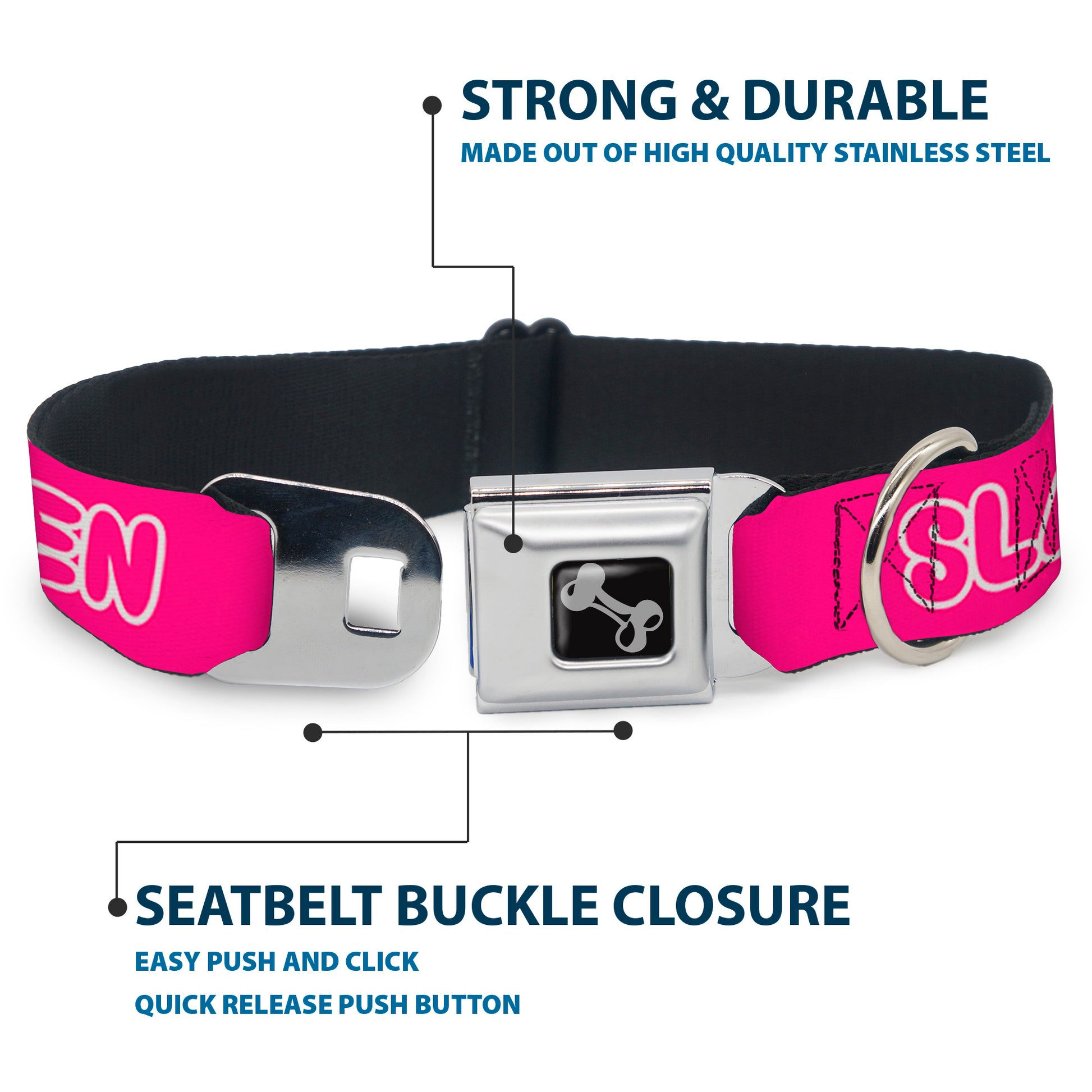 Dog Bone Black/Silver Seatbelt Buckle Collar - SLAY QUEEN Bubble Text Pink/White Seatbelt Buckle Collars Buckle-Down