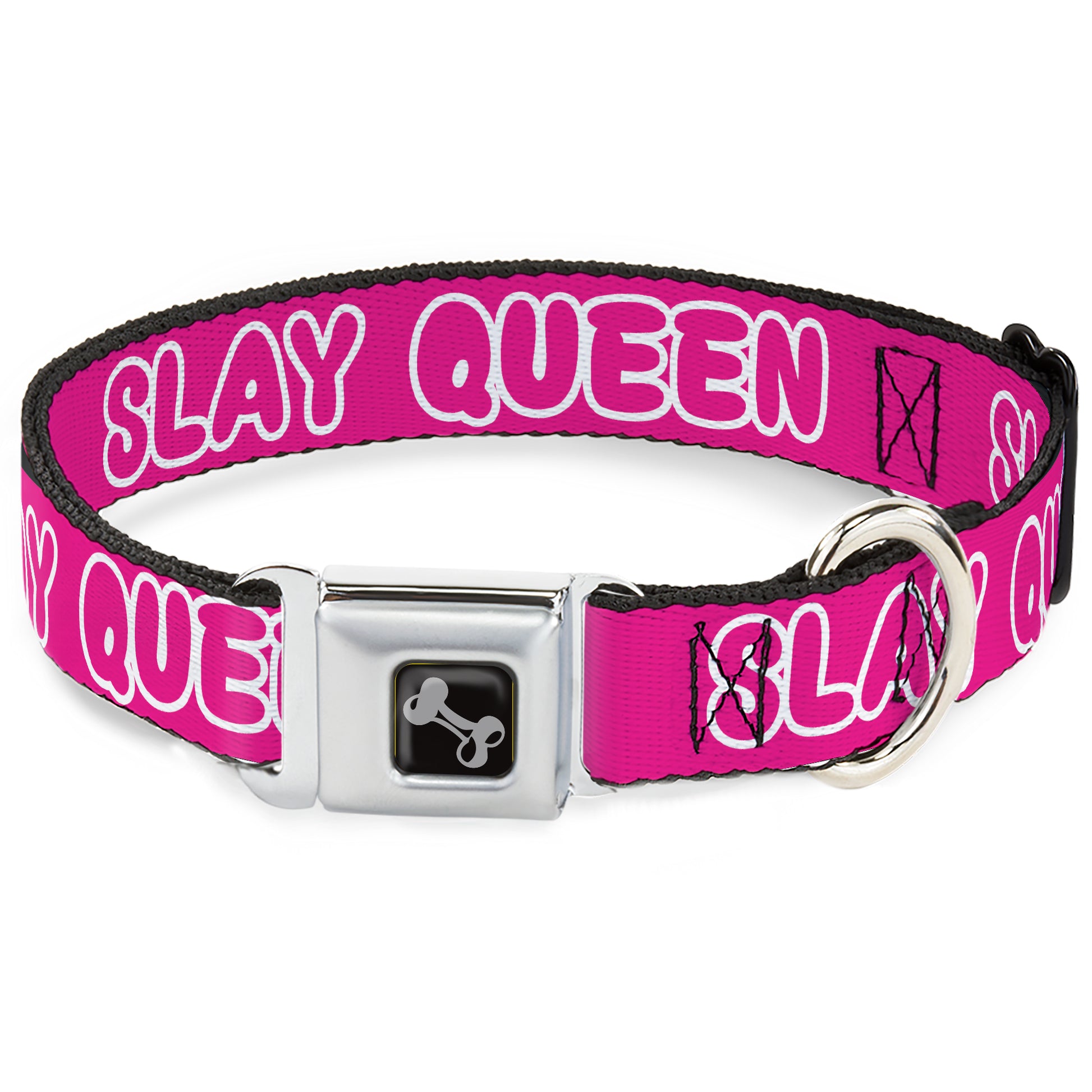 Dog Bone Black/Silver Seatbelt Buckle Collar - SLAY QUEEN Bubble Text Pink/White Seatbelt Buckle Collars Buckle-Down