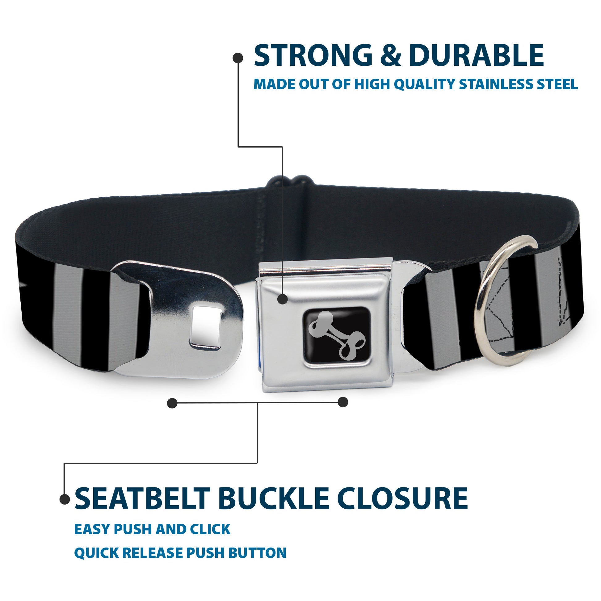 Dog Bone Black/Silver Seatbelt Buckle Collar - Star and Three Stripes Black/Gray Seatbelt Buckle Collars Buckle-Down