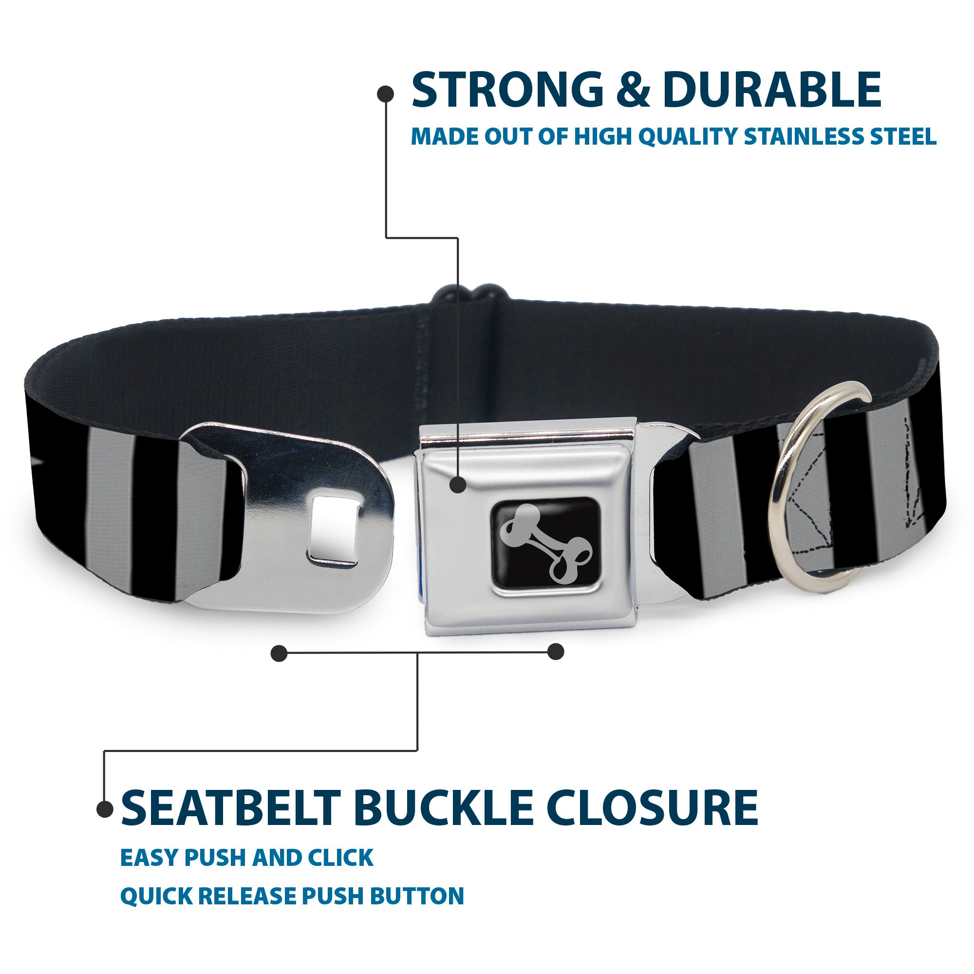 Dog Bone Black/Silver Seatbelt Buckle Collar - Star and Three Stripes Black/Gray Seatbelt Buckle Collars Buckle-Down