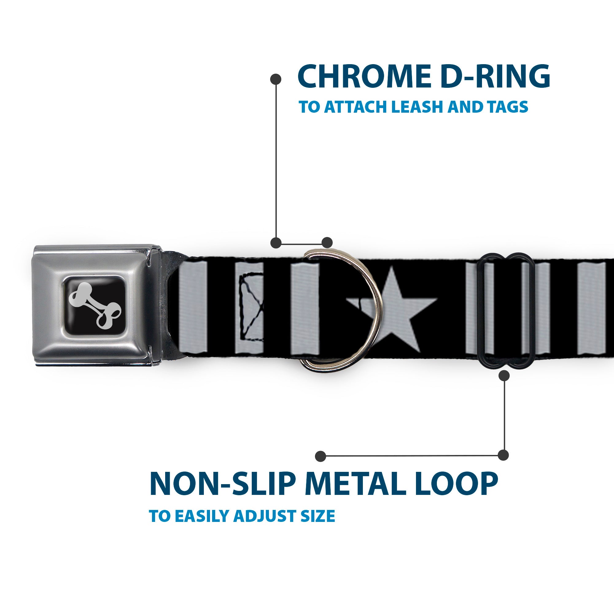 Dog Bone Black/Silver Seatbelt Buckle Collar - Star and Three Stripes Black/Gray Seatbelt Buckle Collars Buckle-Down