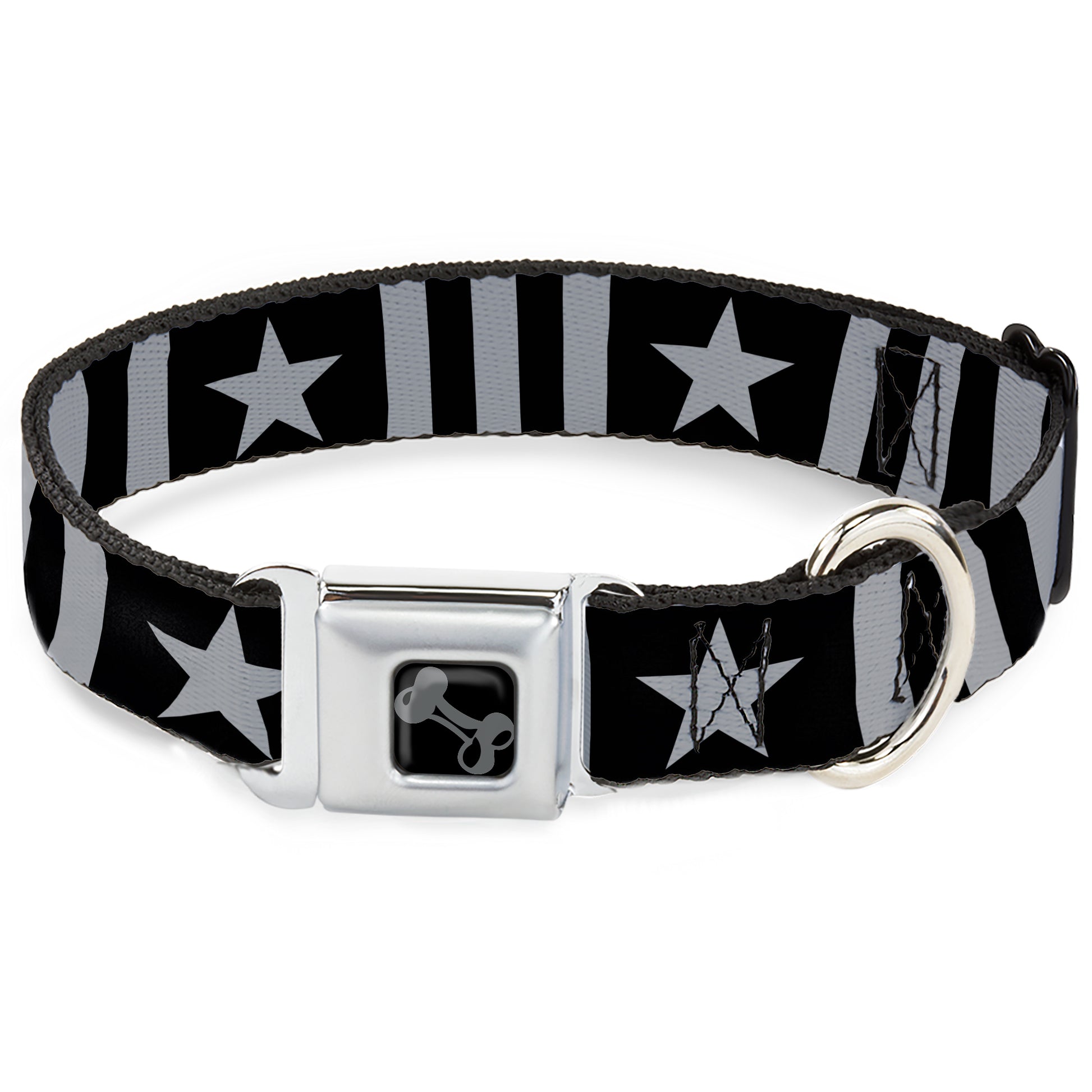 Dog Bone Black/Silver Seatbelt Buckle Collar - Star and Three Stripes Black/Gray Seatbelt Buckle Collars Buckle-Down
