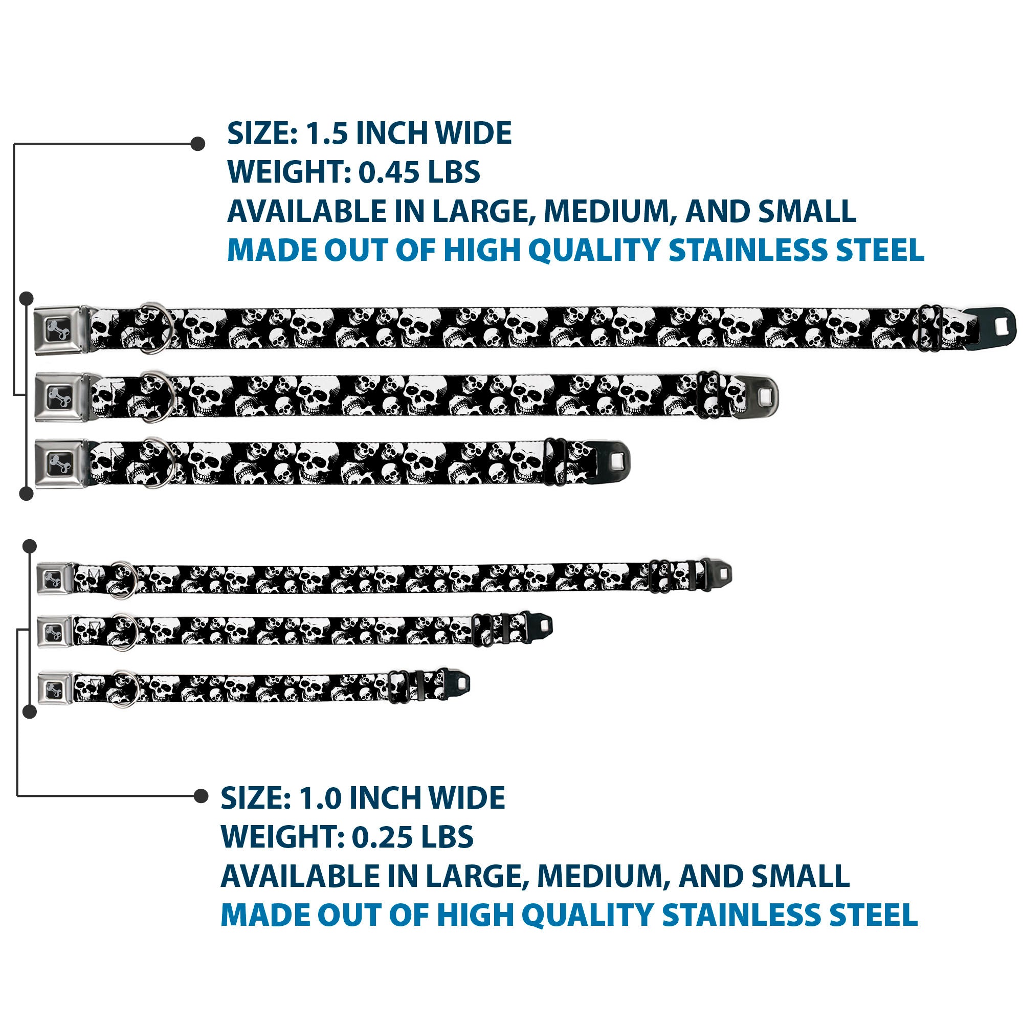 Dog Bone Black/Silver Seatbelt Buckle Collar - Smiling Vivid Skulls Black/White/Grays Seatbelt Buckle Collars Buckle-Down