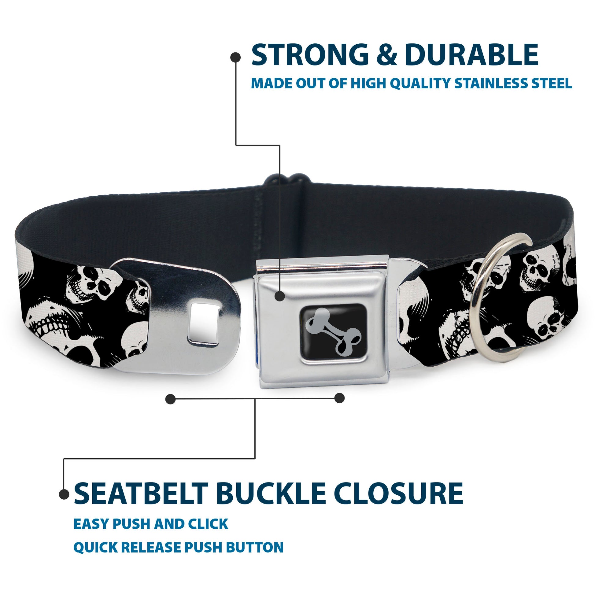 Dog Bone Black/Silver Seatbelt Buckle Collar - Smiling Vivid Skulls Black/White/Grays Seatbelt Buckle Collars Buckle-Down