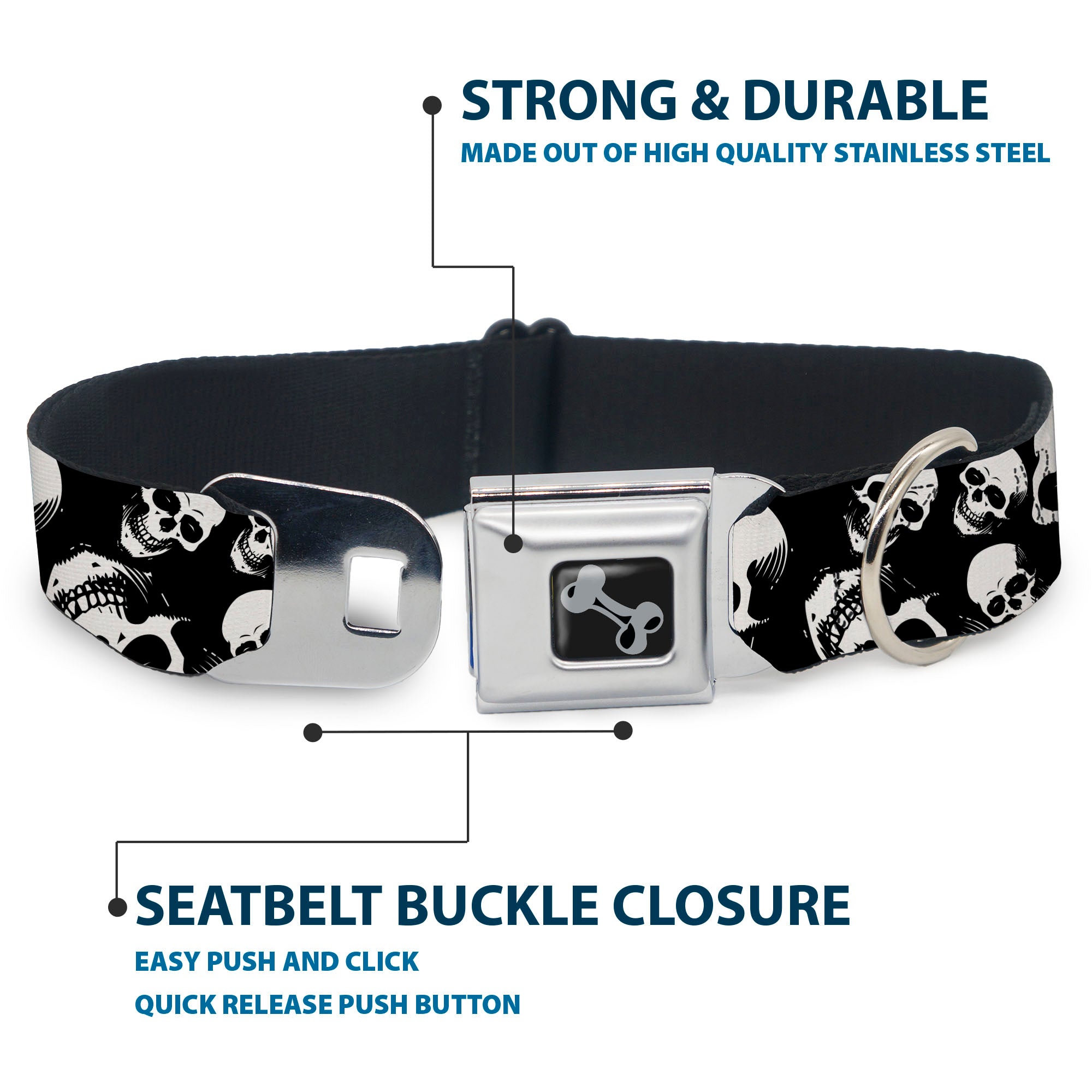 Dog Bone Black/Silver Seatbelt Buckle Collar - Smiling Vivid Skulls Black/White/Grays Seatbelt Buckle Collars Buckle-Down