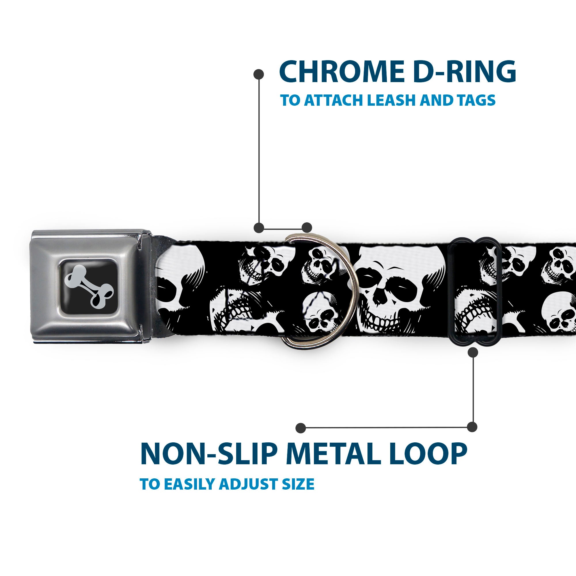 Dog Bone Black/Silver Seatbelt Buckle Collar - Smiling Vivid Skulls Black/White/Grays Seatbelt Buckle Collars Buckle-Down