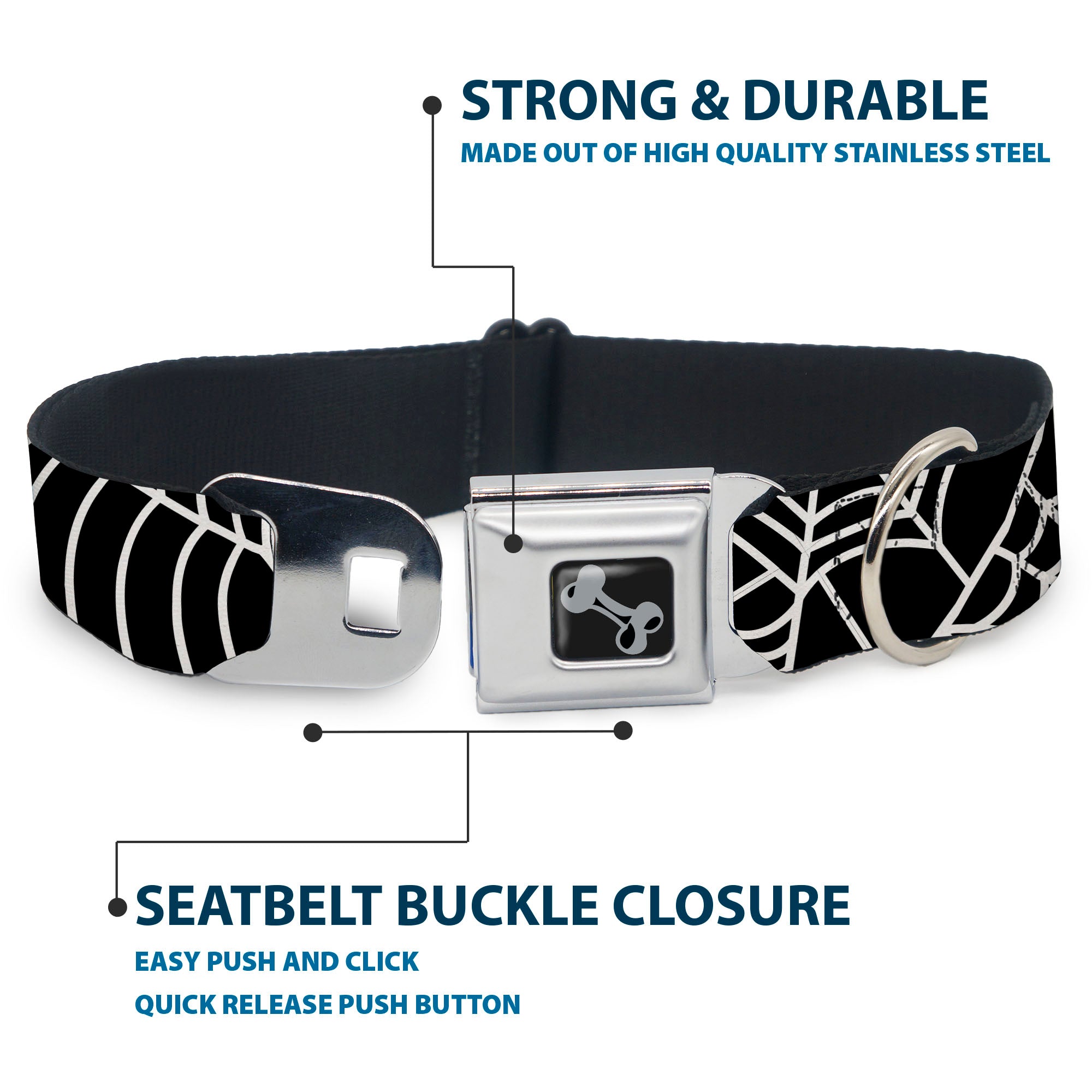 Dog Bone Black/Silver Seatbelt Buckle Collar - Spider Webs Black/White Seatbelt Buckle Collars Buckle-Down